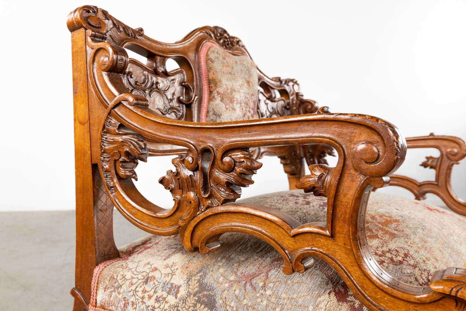 An antique 3-piece salon suite, sculptured wood in Louis XV style. Circa 1900. (D:50 x W:70 x H:79 c - Image 10 of 18