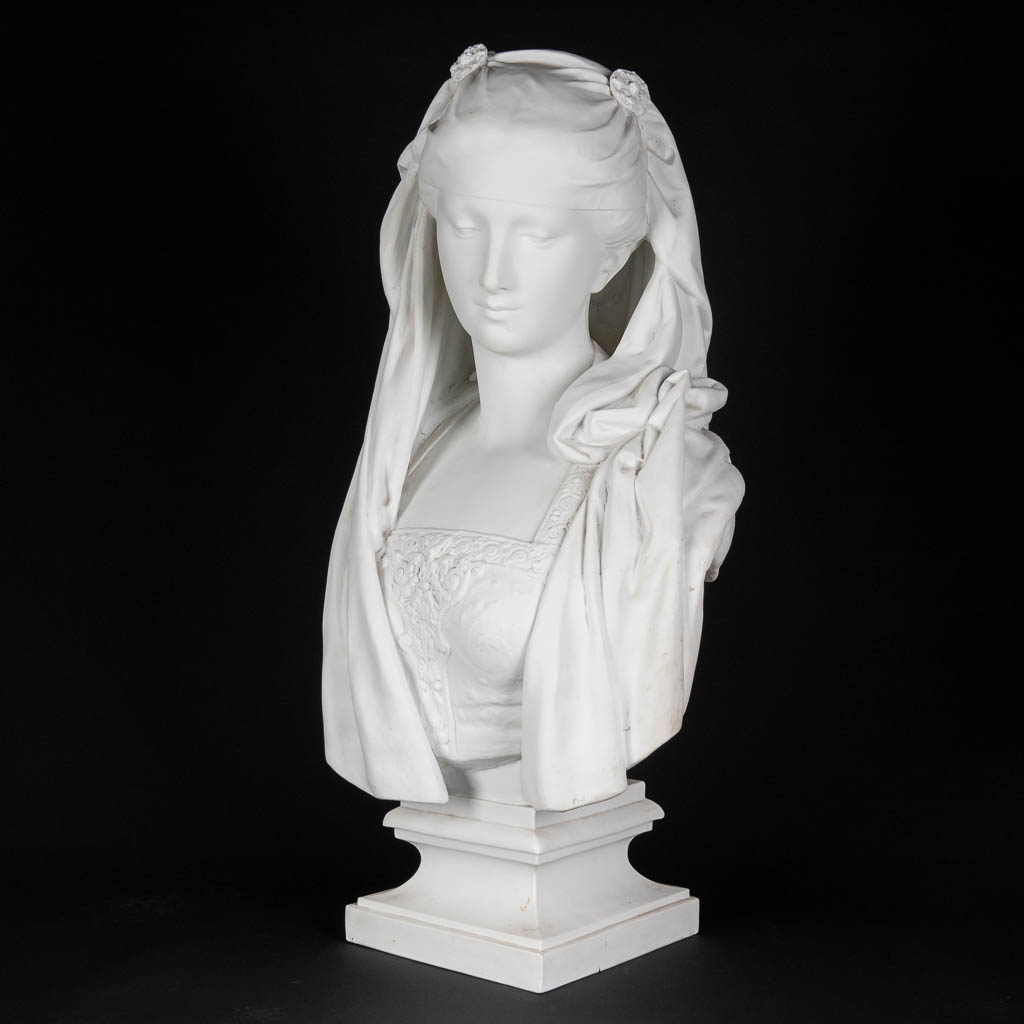 CARRIER-BELLEUSE (1824-1887) 'Bust of a lady' bisque porcelain. (D:23 x W:37 x H:66 cm) - Image 3 of 12