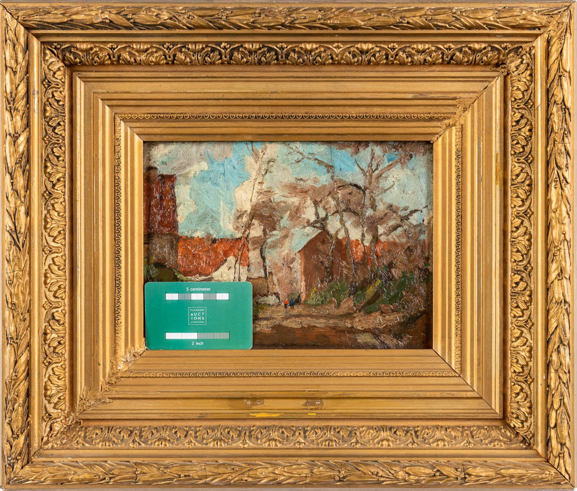 An antique painting 'Village in the spring' oil on panel. 19th C. (W:26 x H:20 cm) - Image 2 of 5