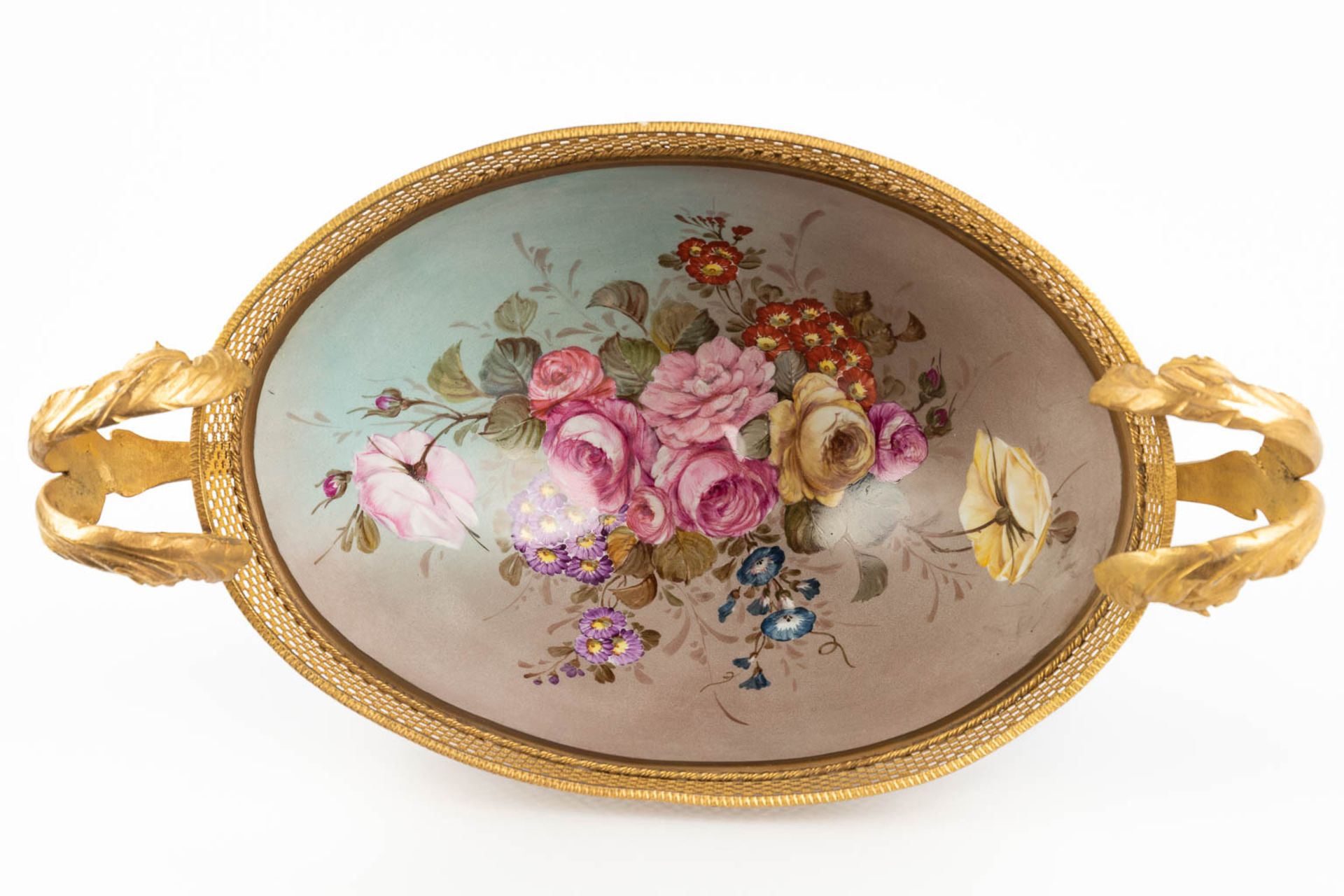 Sèvres, a bowl on a stand, mounted with bronze and hand-painted flower decor. 20th C. (D:24 x W:44 x - Image 7 of 15