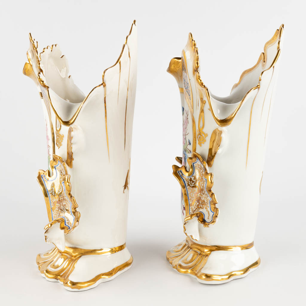 Two pairs of Vieux Bruxelles vases, polychrome porcelain with a hand-painted decor. 19th C. (D:15 x - Image 6 of 17