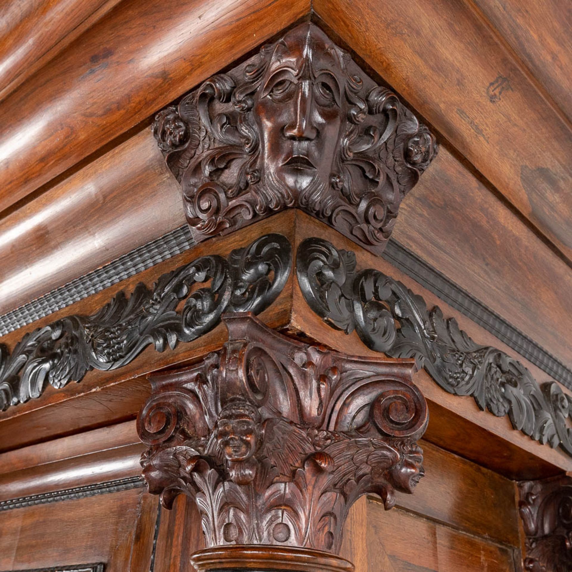 An antique Dutch two door 'Kapiteelkast', wood sculptures, oak and ebony. 18th C. (D:93 x W:223 x H: - Image 11 of 26