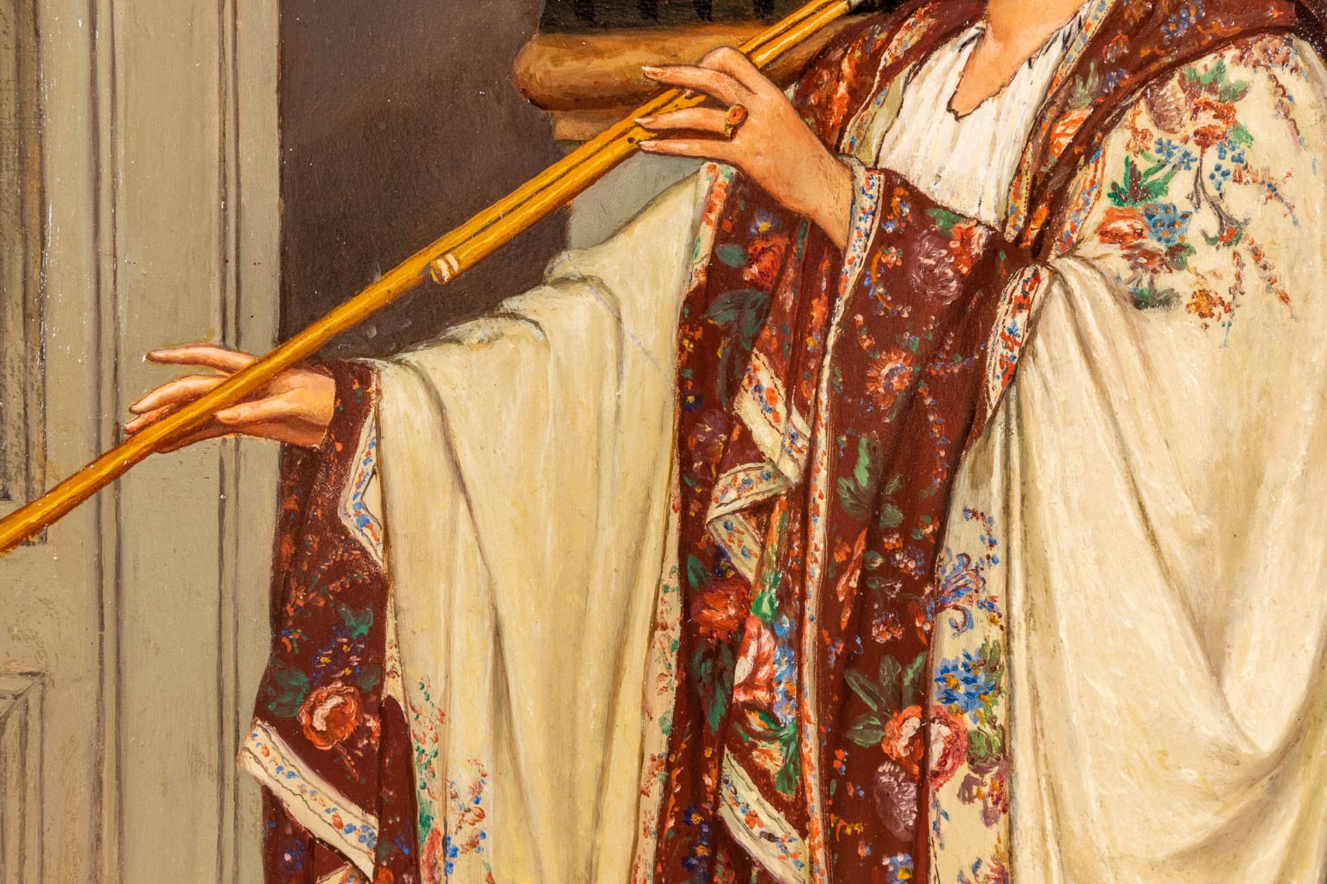Karel VAN KEMMEL (1834-1885) 'Lady with a flute' oil on panel. 1870 (W:39 x H:59 cm) - Image 5 of 9