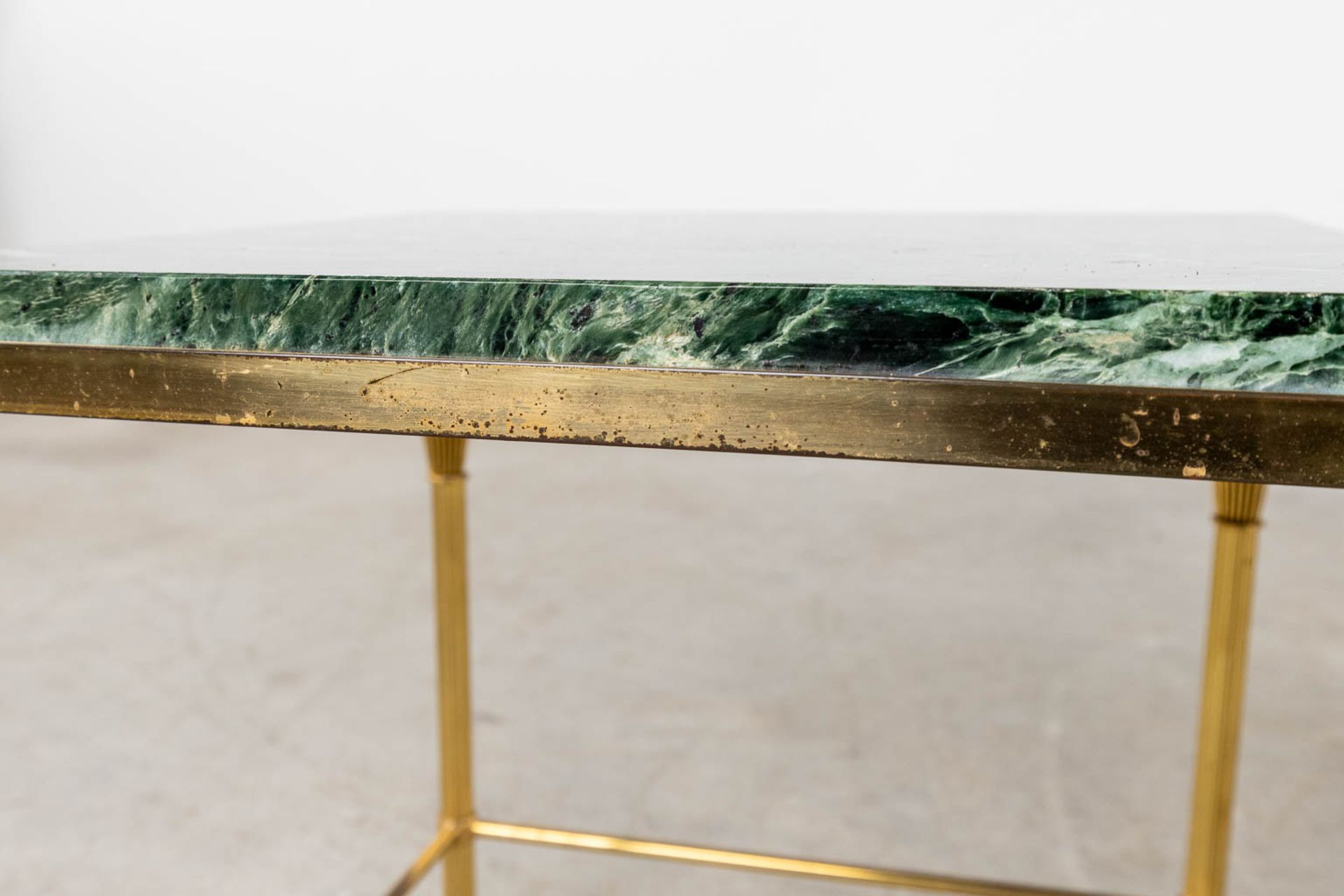 A three-piece set of nesting tables, gilt metal and a green marble. (D:37 x W:56 x H:45 cm) - Image 9 of 10