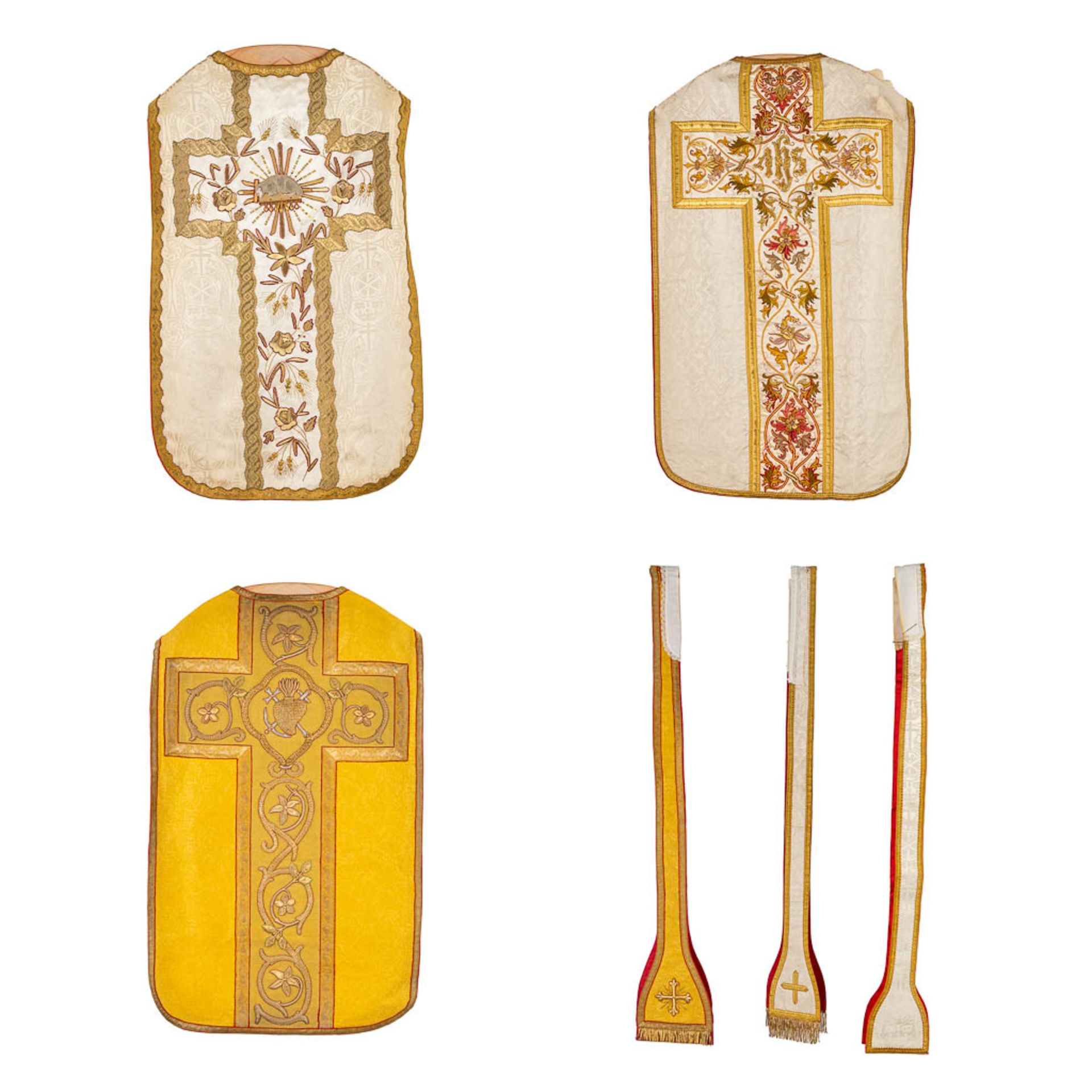 Three Roman Chasubles, Three Stola, thick gold thread embroideries.