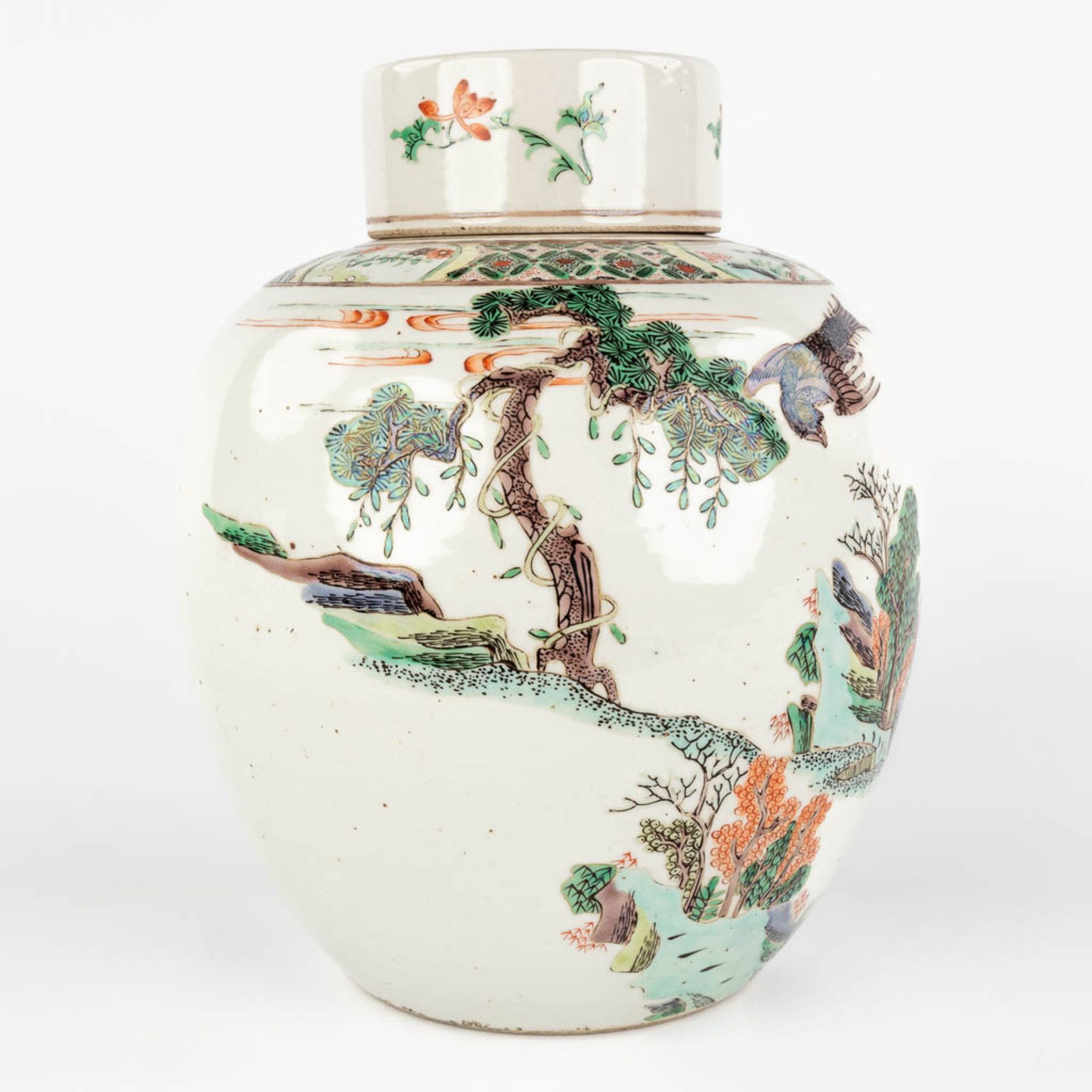 A Chinese Famille Verte Wucai vase, decorated with a deer in a landscape. (H:24,5 x D:19,5 cm) - Image 6 of 14