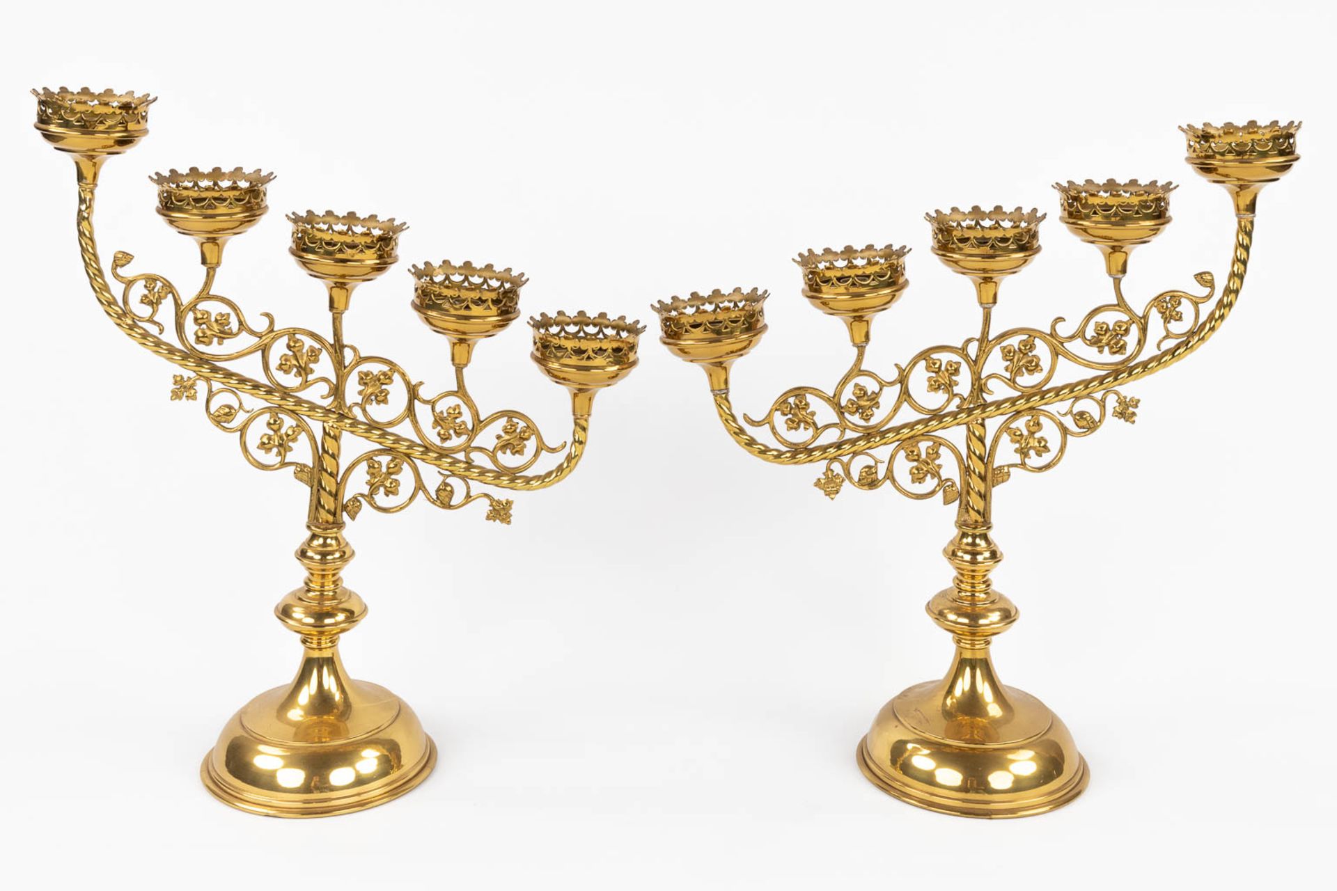 Four Church candlesticks, bronze in a gothic revival style. A pair and two singles. (D:18 x W:51 x H - Image 3 of 18