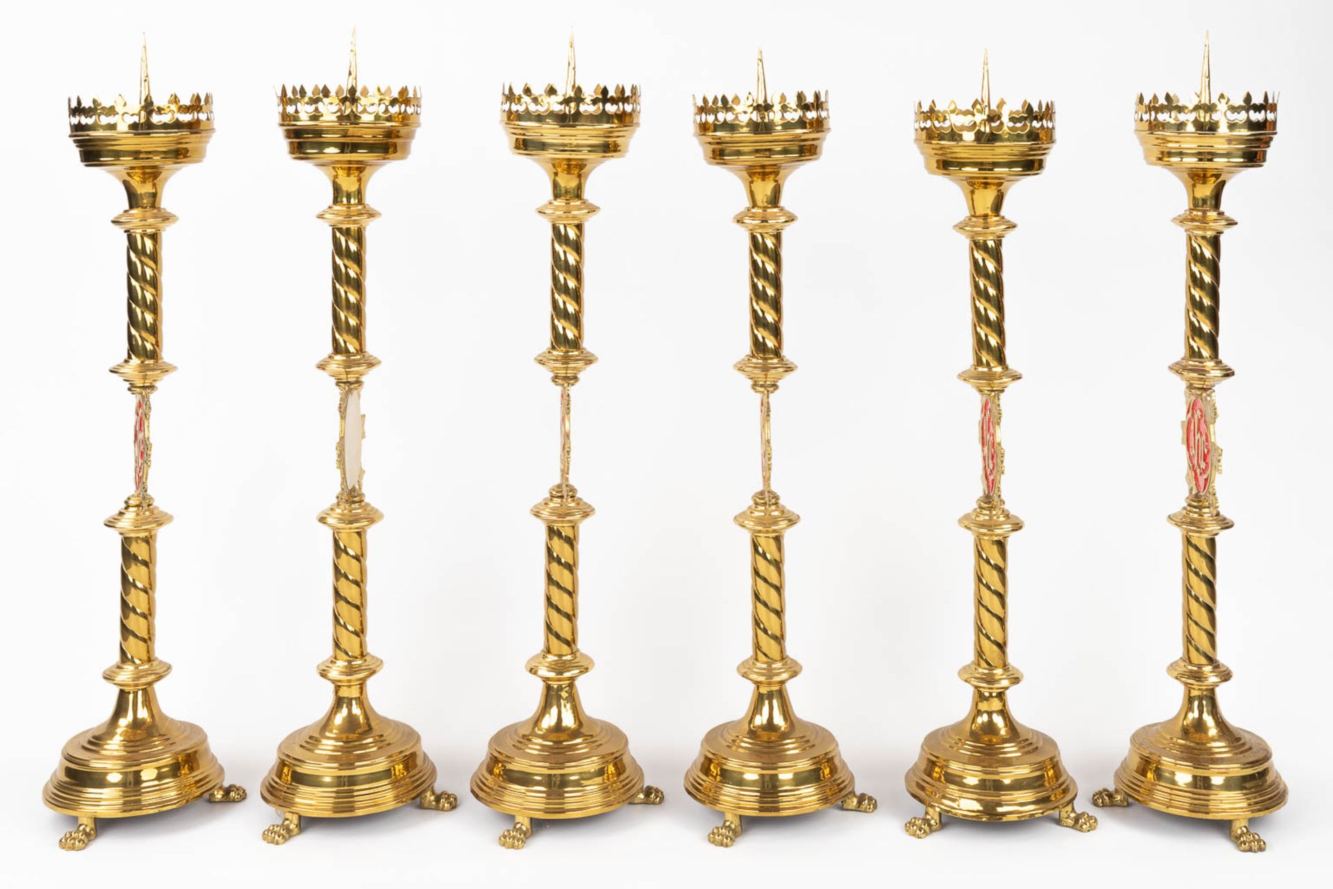 A set of 6 Church candlesticks with red IHS logo. (H:80 x D:20 cm) - Image 4 of 11