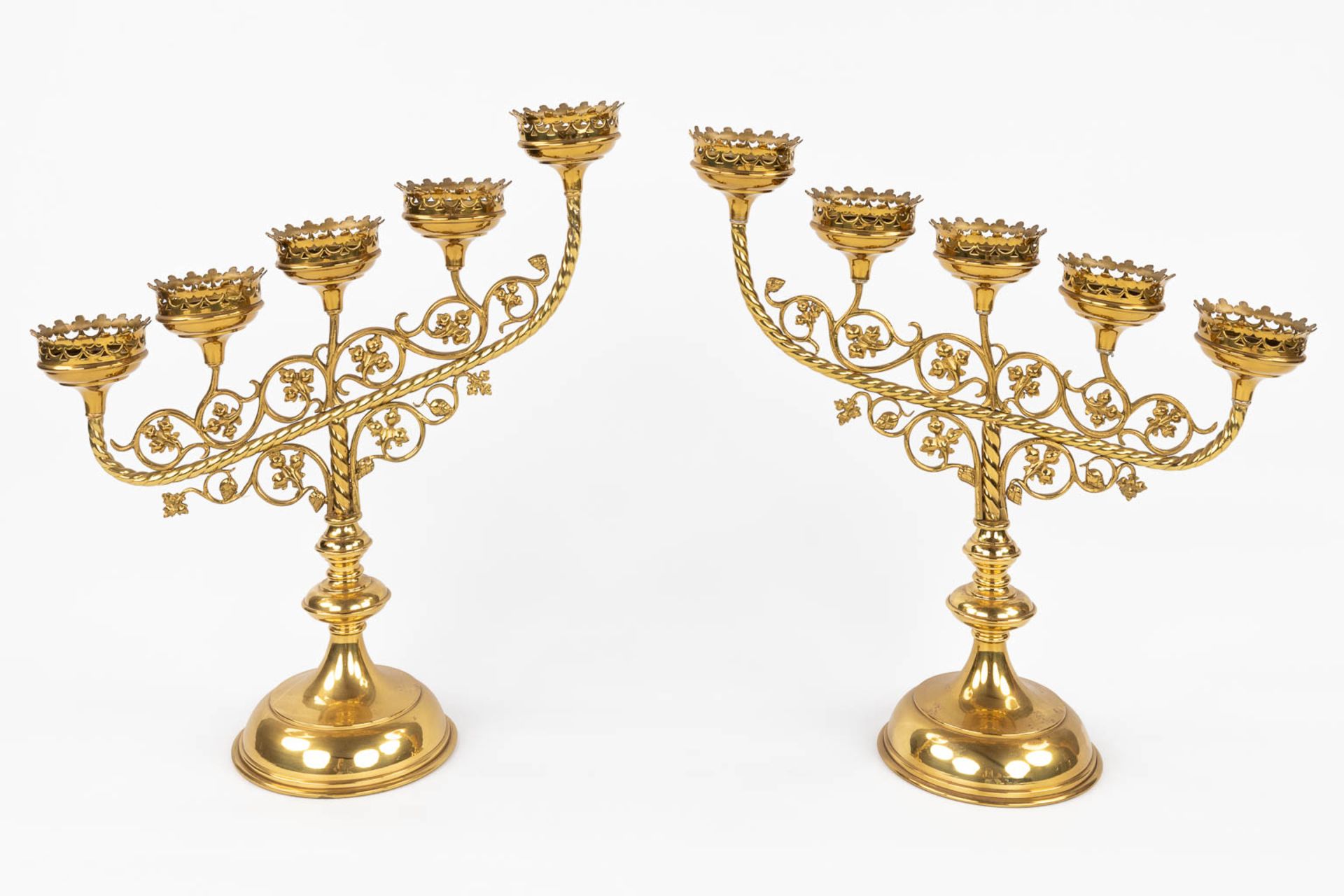 Four Church candlesticks, bronze in a gothic revival style. A pair and two singles. (D:18 x W:51 x H - Image 5 of 18