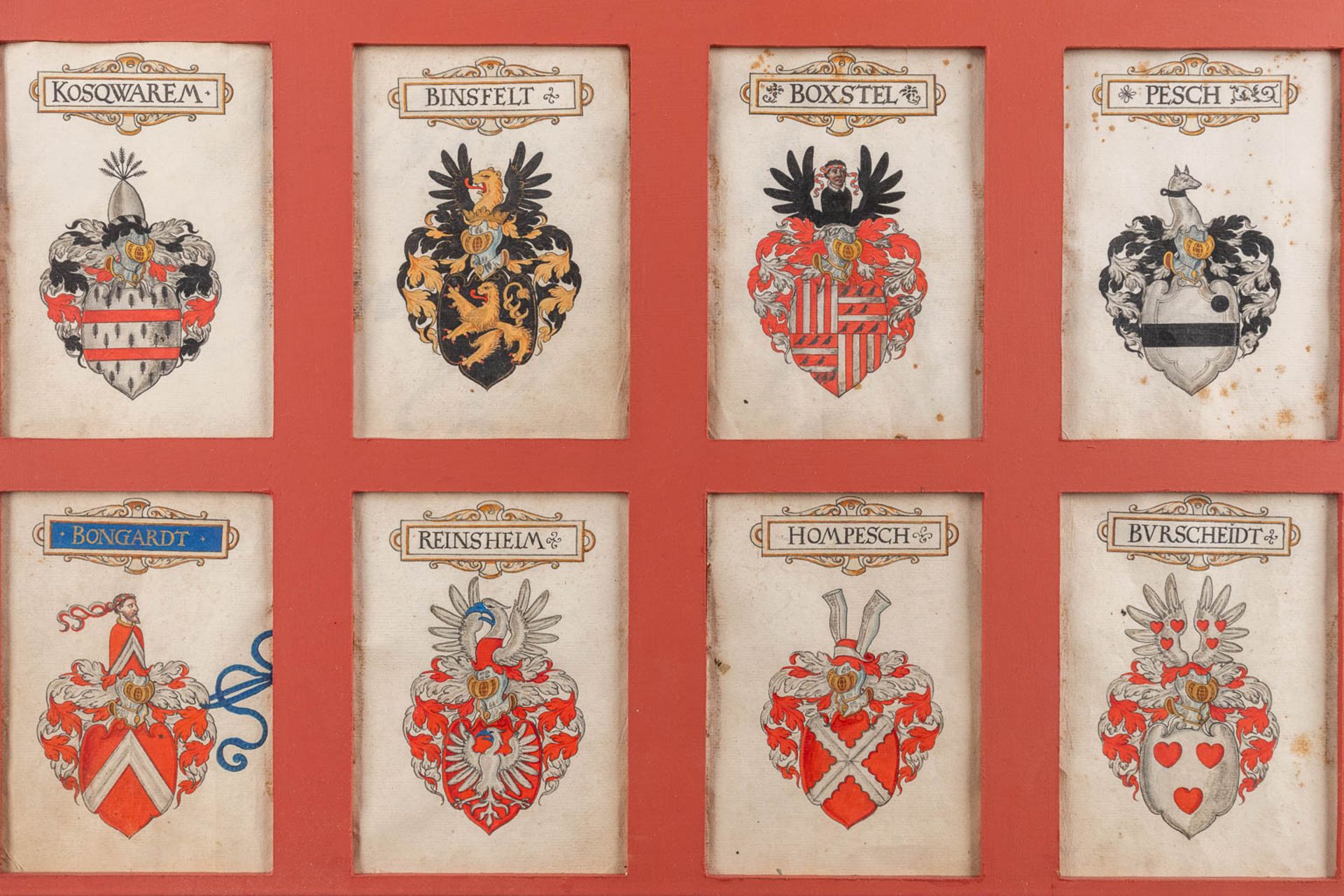 A frame with 24 hand-painted family crests and coat of arms , oil on paper. (W:98 x H:83 cm) - Image 5 of 9