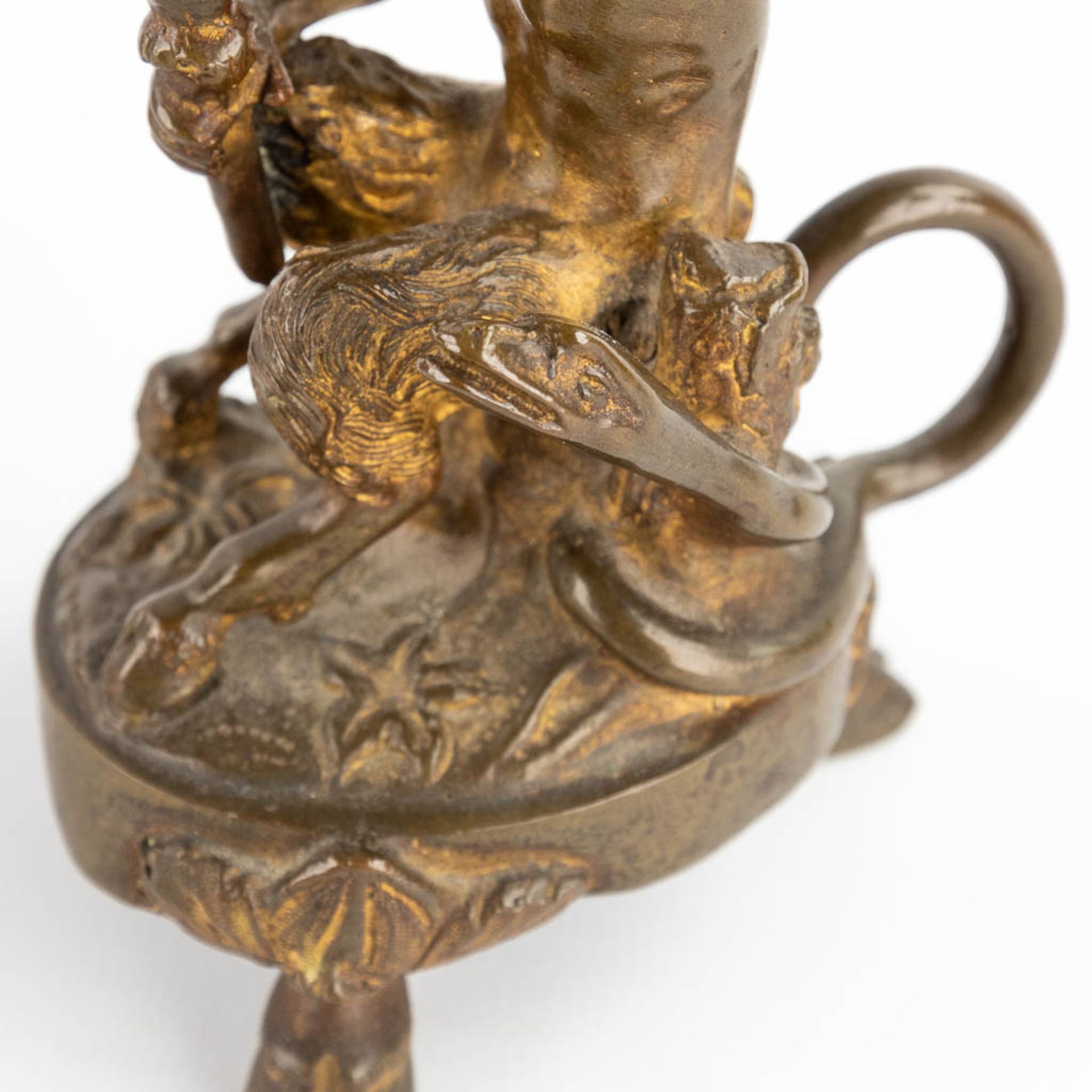 A pair of candlesticks with Satyr figurines, gilt bronze. 19th C. (D:7 x W:10 x H:17,5 cm) - Bild 11 aus 13
