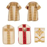 Two dalmatics, Two Roman chasubles and a banner, embroideries and an image of two kings.