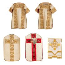 Two dalmatics, Two Roman chasubles and a banner, embroideries and an image of two kings.