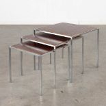 Three nesting tables, metal and wood. Circa 1960. (D:42 x W:42 x H:39 cm)
