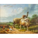 Sheep and chicken, a decorative painting, oil on panel. Signed Van Bellegem. (W:25 x H:20 cm)