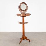 An antique shaving cabinet, mahogany with a round mirror and a small drawer. 19th C. (D:36 x W:45 x