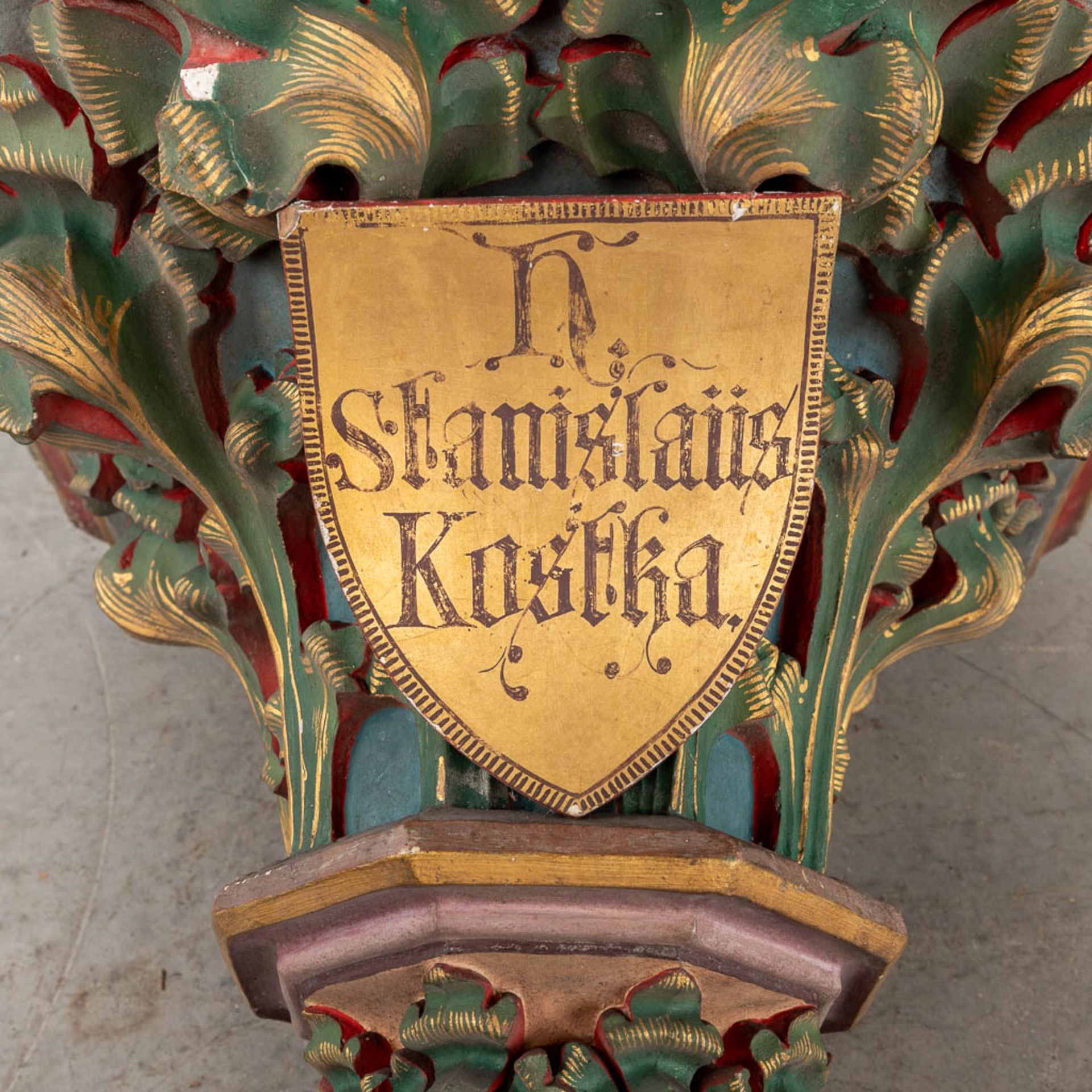 A wall console for a figurine/statue, patinated plaster. Inscription for Stanislaus Kosta. (D:44 x W - Image 7 of 10