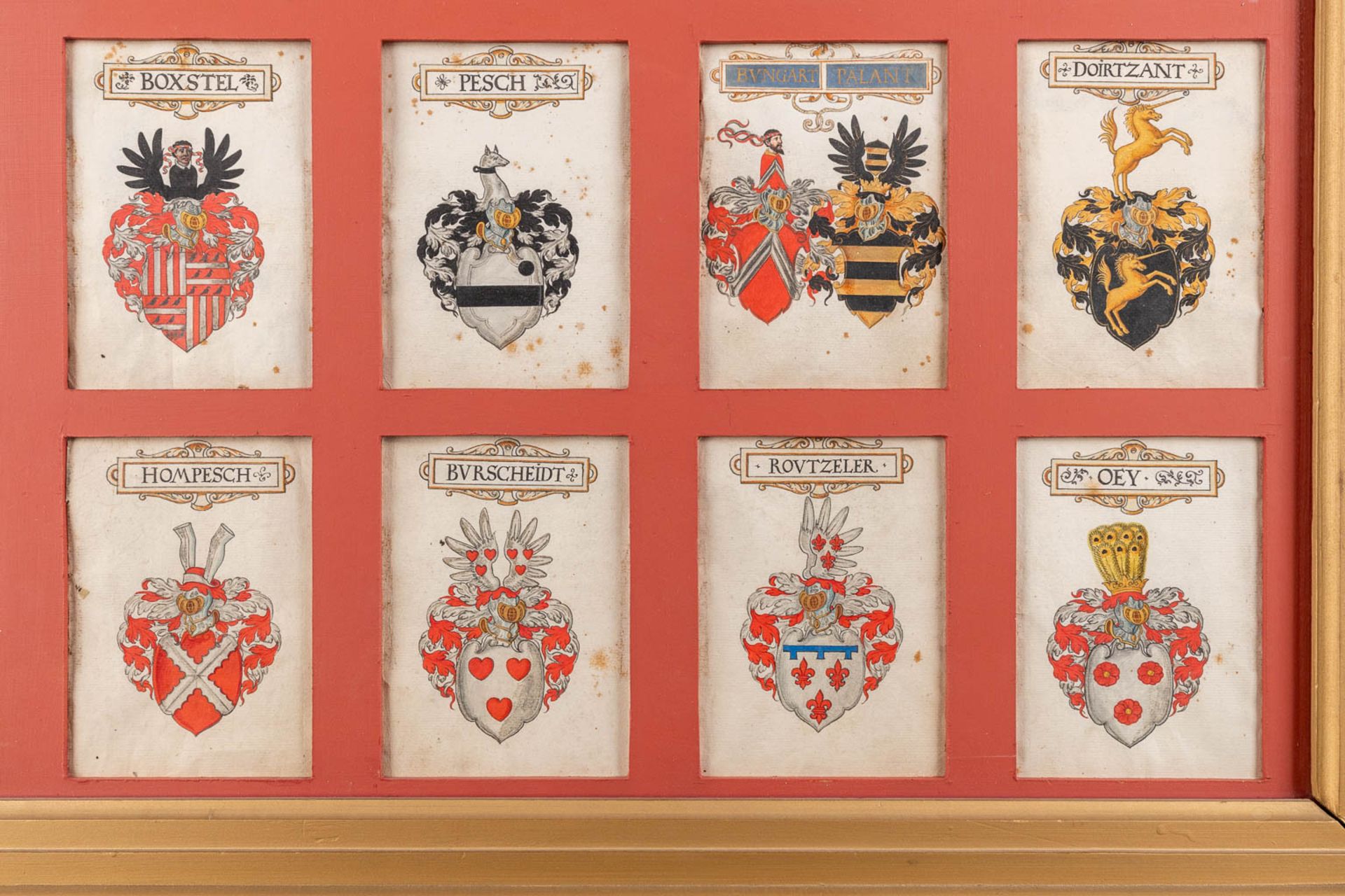 A frame with 24 hand-painted family crests and coat of arms , oil on paper. (W:98 x H:83 cm) - Image 7 of 9