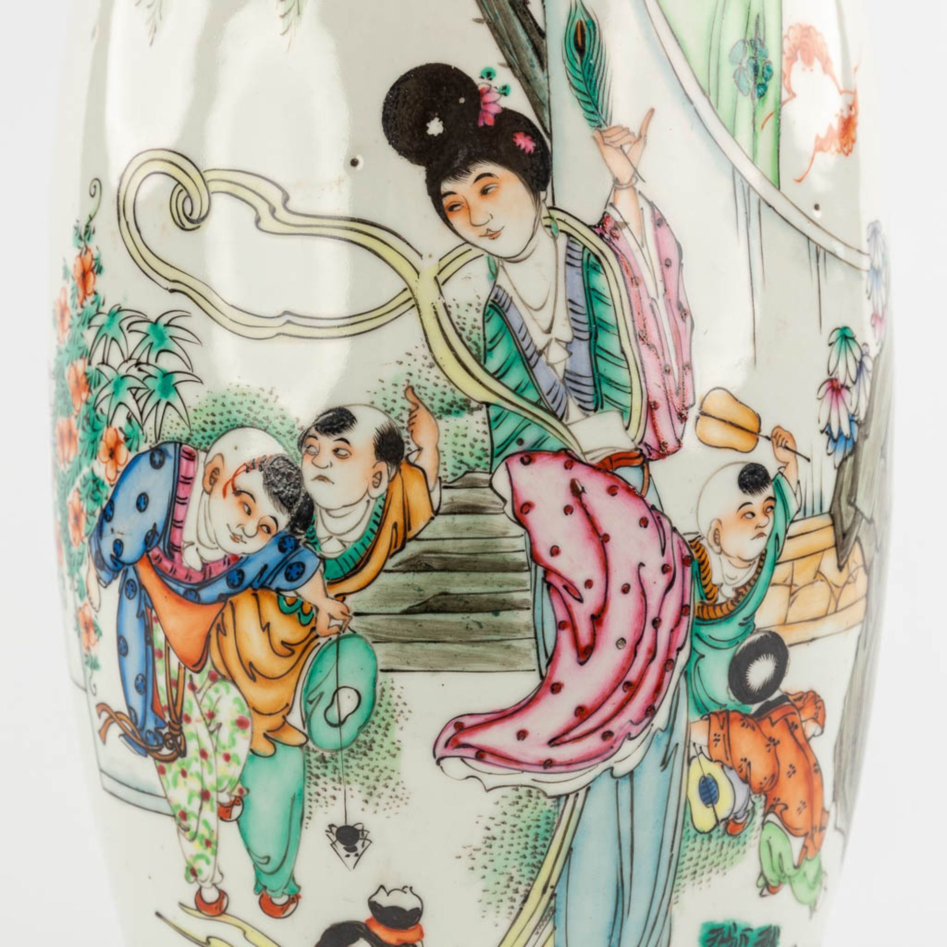 Two Chinese vases and a Ginger Jar, decorated with ladies. 19th/20th C. (H:57 x D:23 cm) - Image 7 of 31