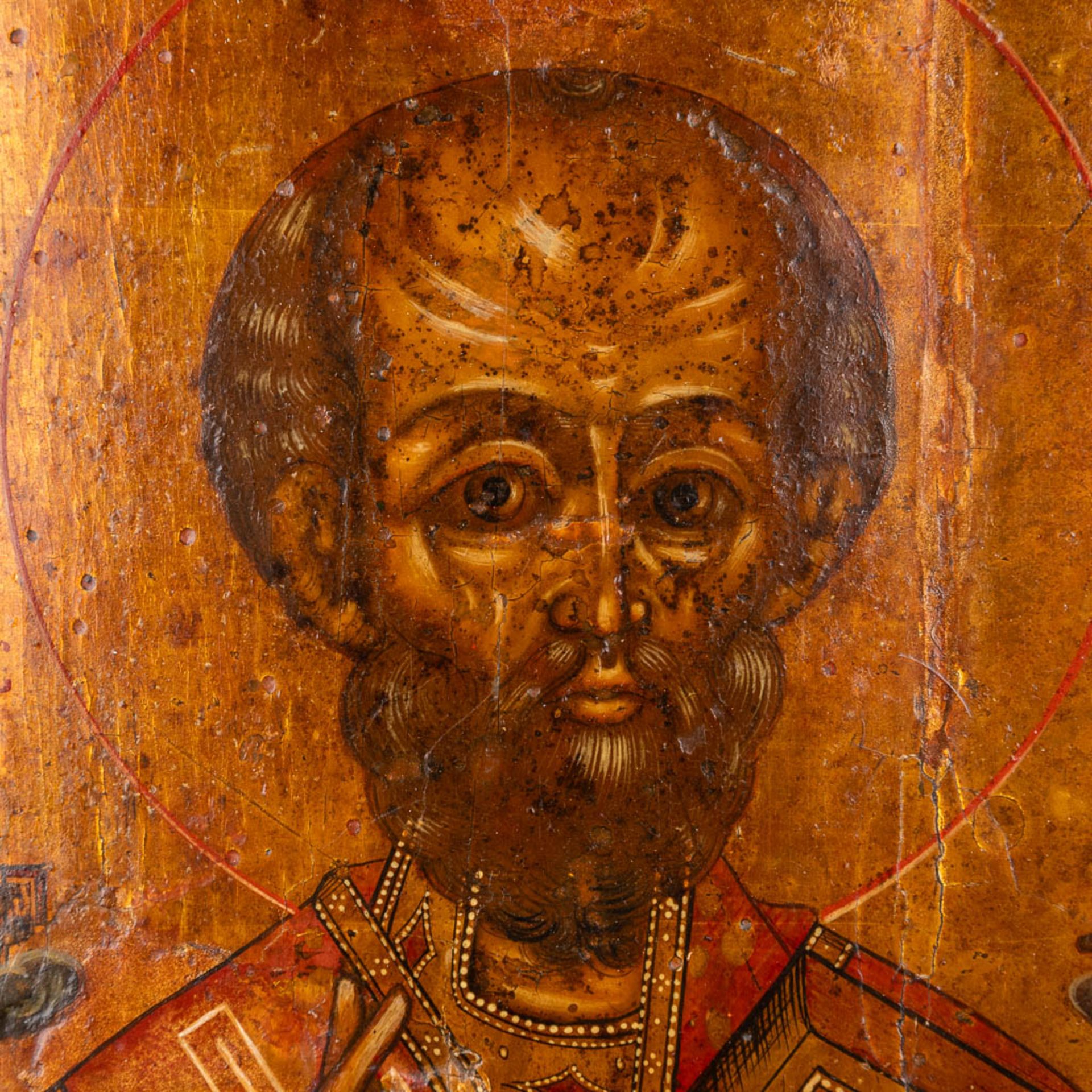 An antique Russian Icon depicting Saint Nicholas of Myra. (W:22,5 x H:25 cm) - Image 4 of 8