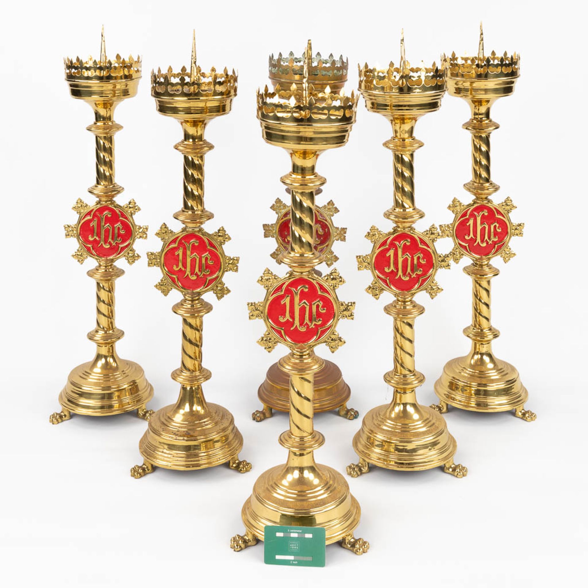 A set of 6 Church candlesticks with red IHS logo. (H:72 x D:20 cm) - Image 2 of 13