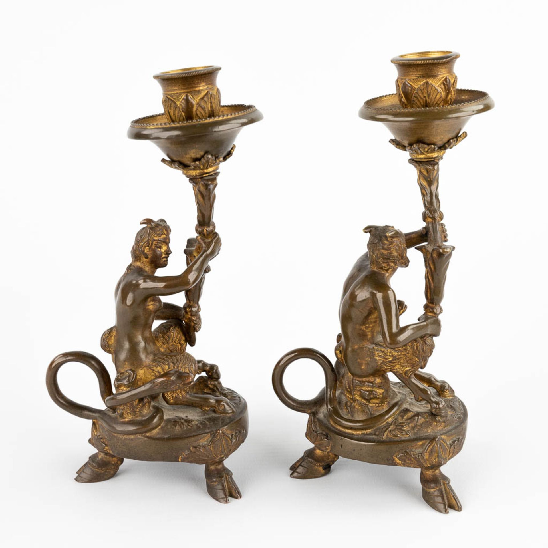 A pair of candlesticks with Satyr figurines, gilt bronze. 19th C. (D:7 x W:10 x H:17,5 cm) - Bild 3 aus 13