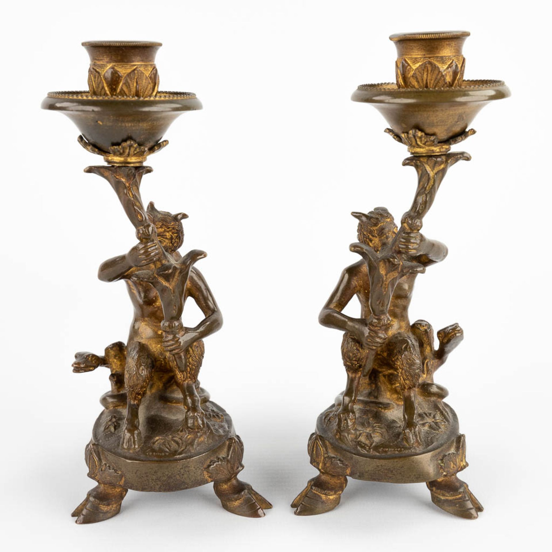 A pair of candlesticks with Satyr figurines, gilt bronze. 19th C. (D:7 x W:10 x H:17,5 cm) - Bild 6 aus 13