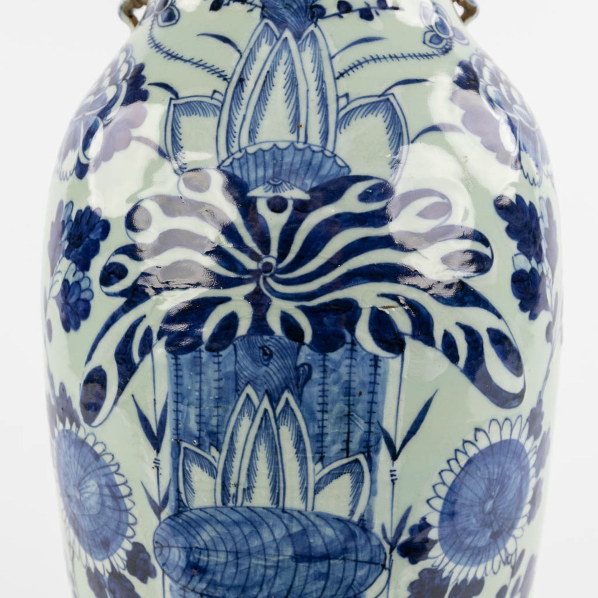 A Chinese Celadon vase with floral decor. 19th/20th C. (H:59 x D:21 cm) - Image 10 of 11