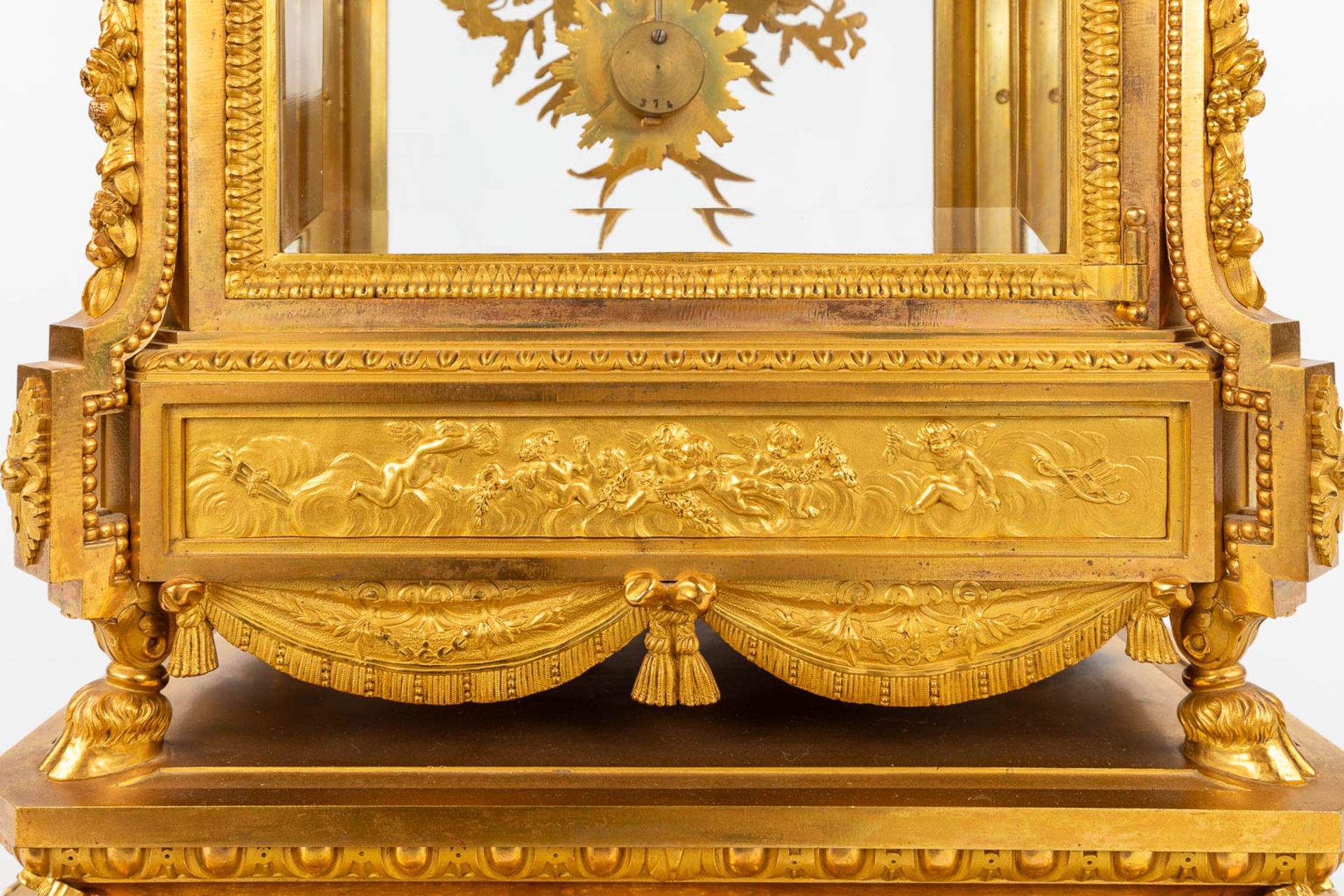 An imposing three-piece mantle garniture clock and candelabra, gilt bronze in Louis XVI style. Maiso - Image 17 of 38