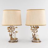 A pair of porcelain and metal table lamps decorated with birds, Sèvres marks. 20th C. (D:12 x W:15 x