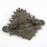 An antique inkwell stand, bronze in art nouveau style. Circa 1900. (D:38 x W:43 x H:10 cm)
