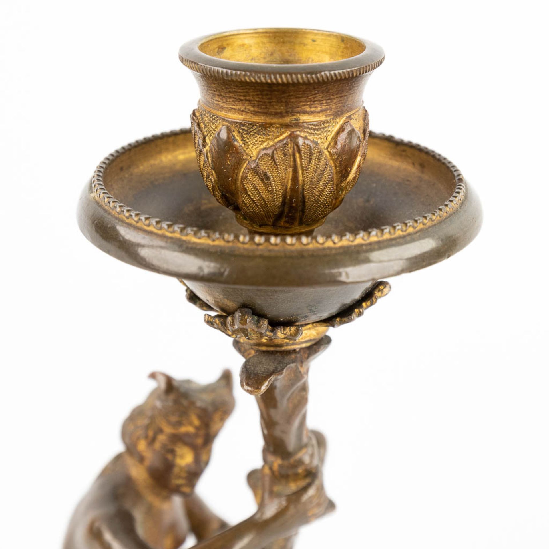 A pair of candlesticks with Satyr figurines, gilt bronze. 19th C. (D:7 x W:10 x H:17,5 cm) - Bild 13 aus 13