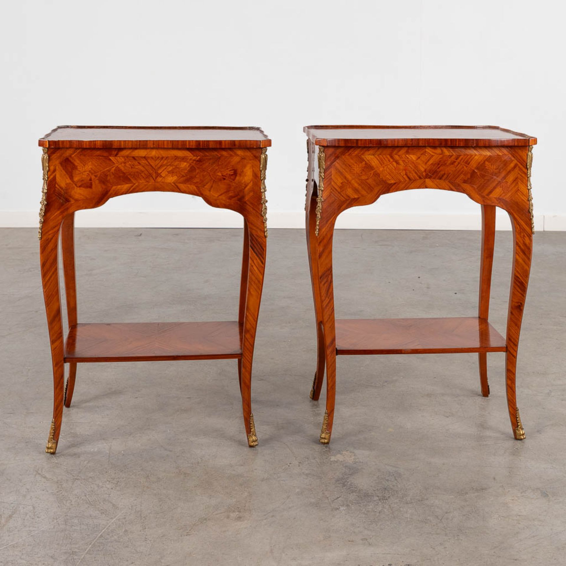 A pair of two-tier side tables with a drawer, wood with marquetry inlay. 20th C. (D:30 x W:45 x H:63 - Image 6 of 14