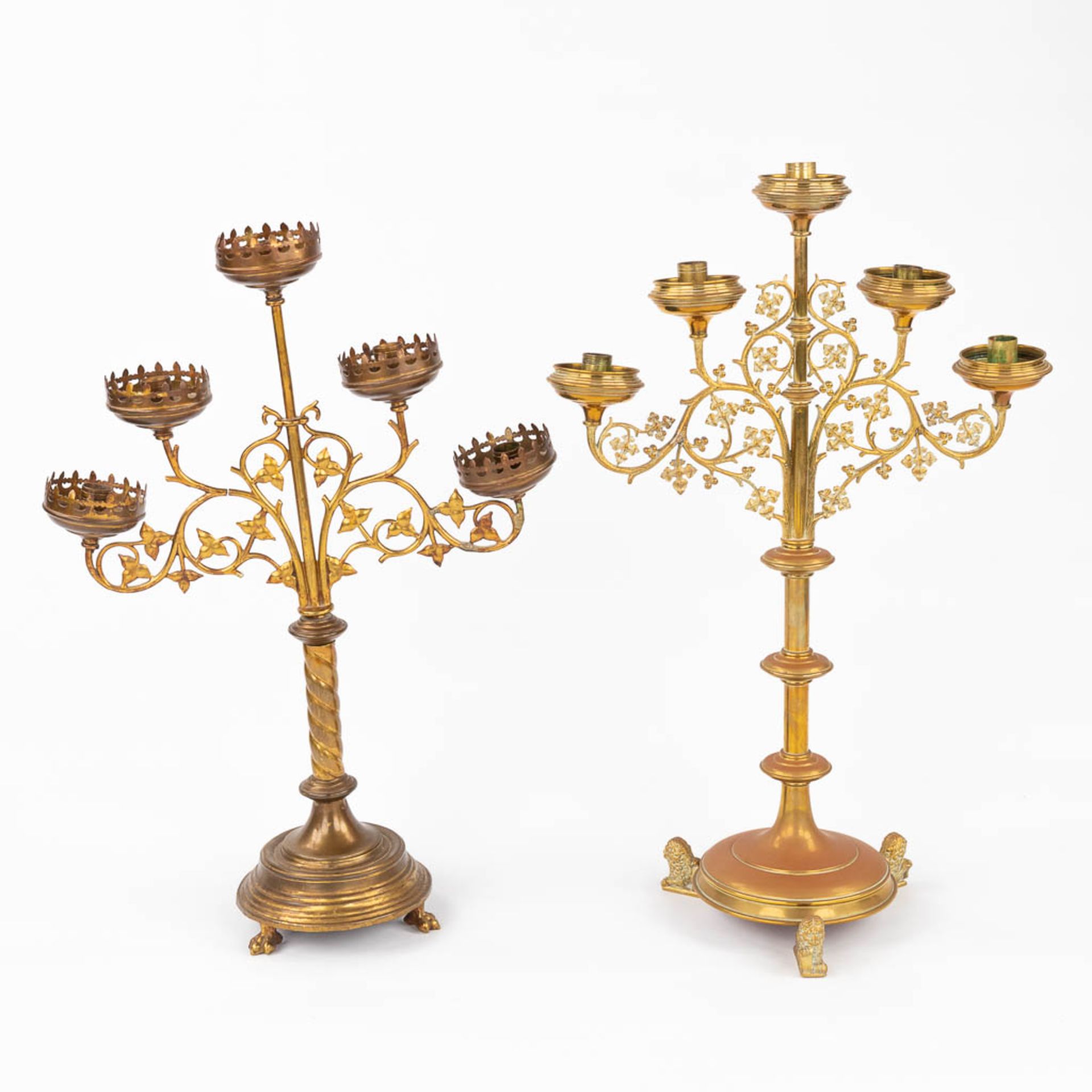 Four Church candlesticks, bronze in a gothic revival style. A pair and two singles. (D:18 x W:51 x H - Image 11 of 18