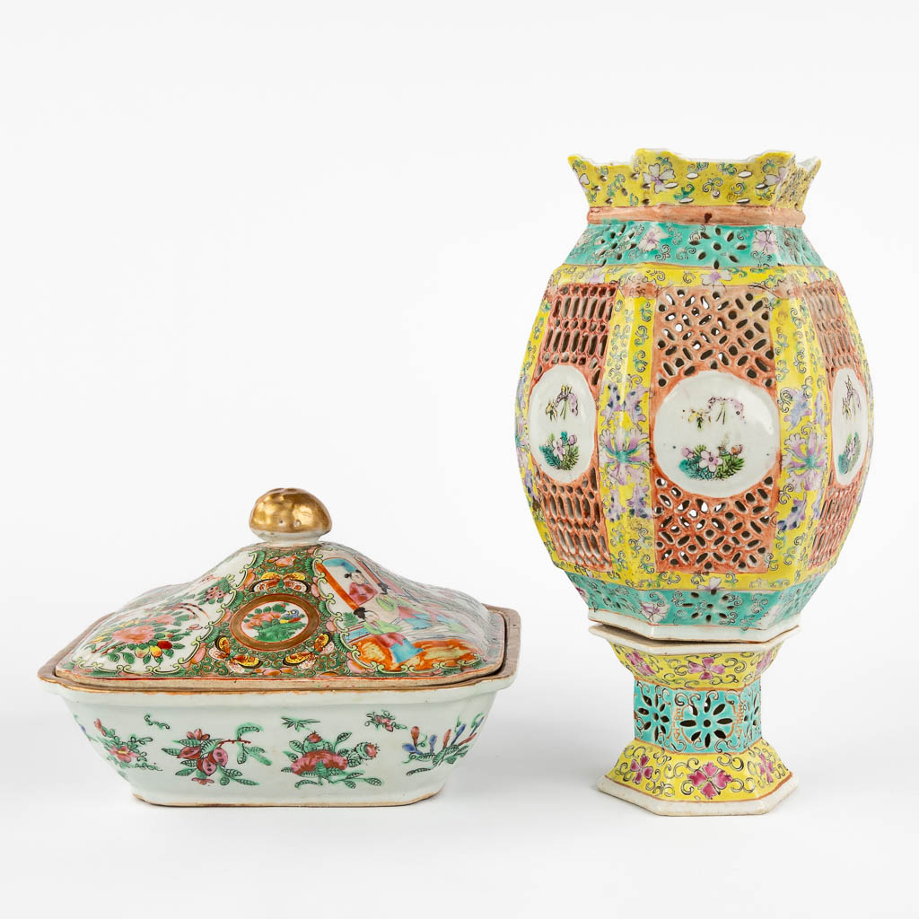 A bowl and table lamp, Canton and Famille Rose. 19th/20th C. (D:15 x W:18 x H:31 cm) - Bild 5 aus 14