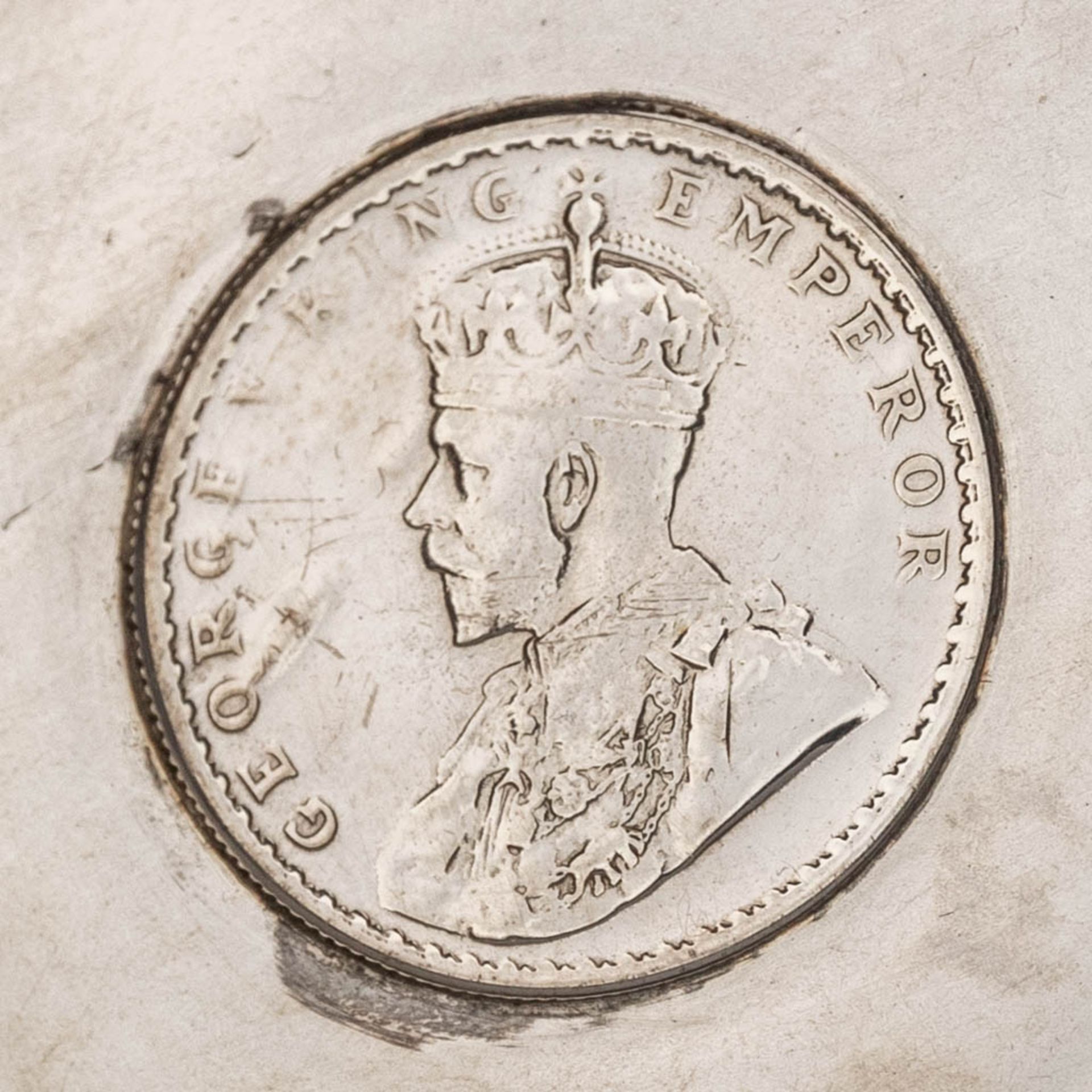 A silver-plated serving tray, two candlesticks and a bowl with Silver coin, One Rupee 1918. (D:37 x - Image 8 of 18