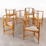 A set of 6 chairs with triangular seats, solid wood inlaid with mother of pearl. Circa 1980. (D:40 x