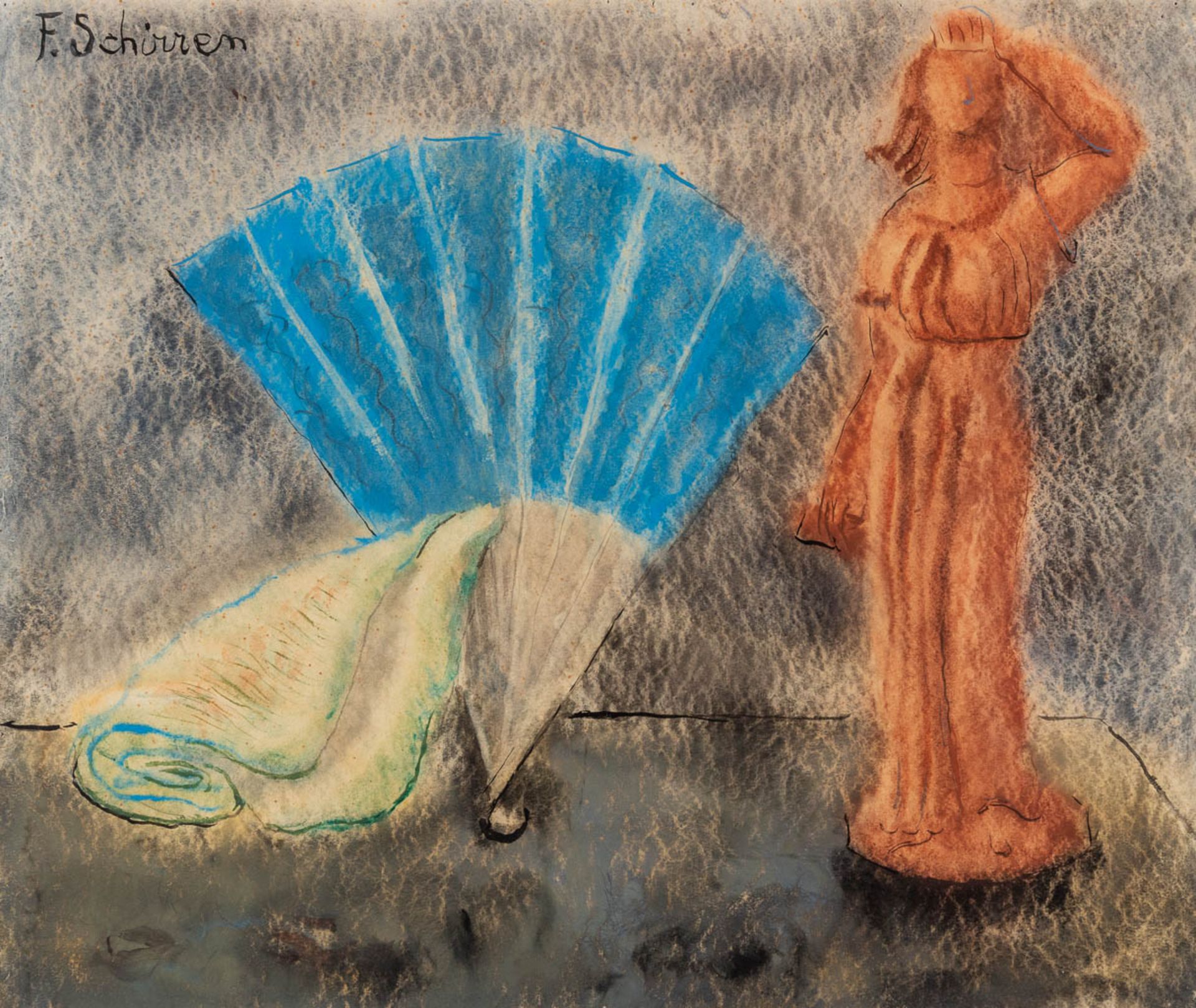 Ferdinand SCHIRREN (1872-1944) 'Still life with a fan' watercolour on paper. (W:41 x H:35 cm)