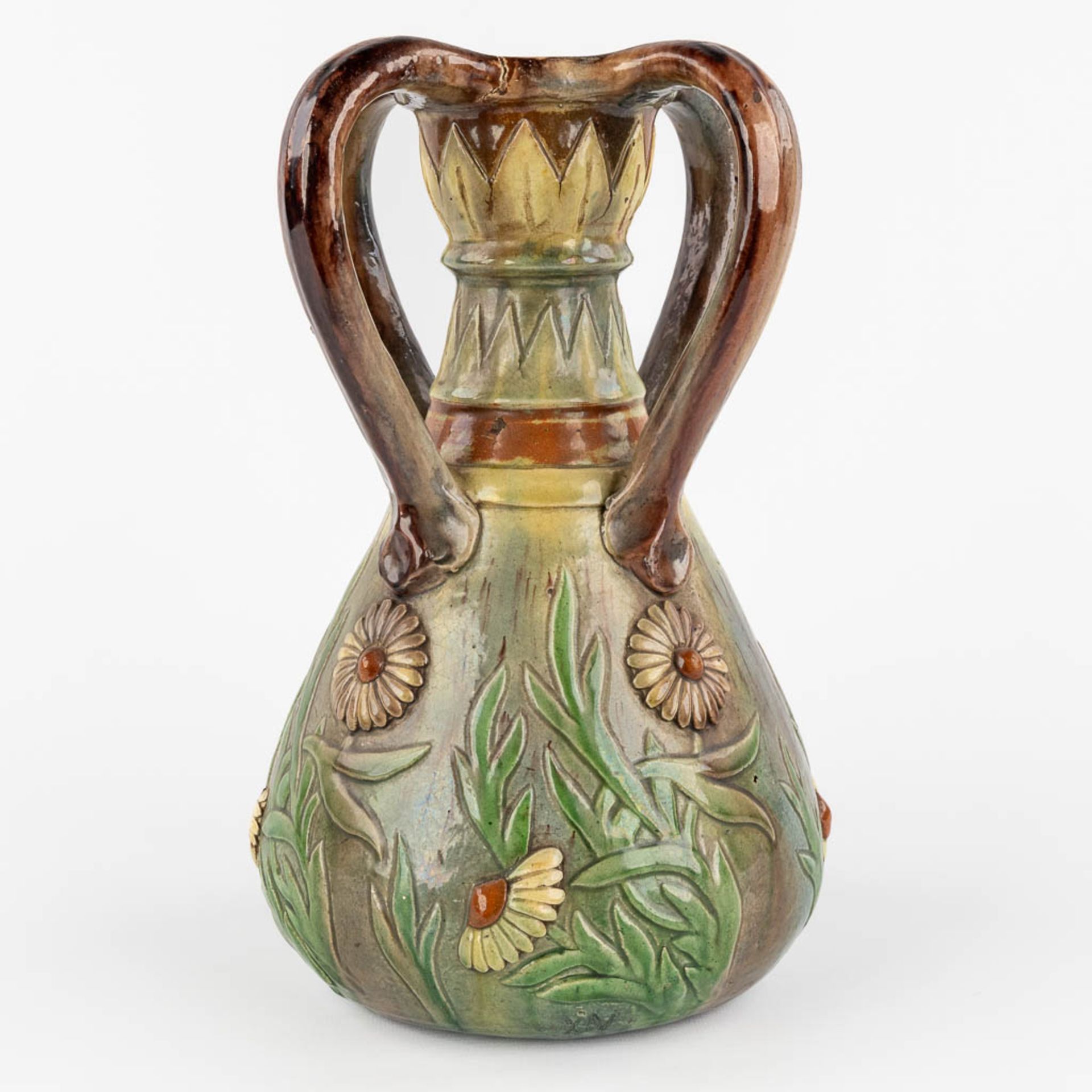 Léo MAES-VEREENOOGHE (XIX-XX) A vase, Flemish Earthenware with a flower decor. (H:33 x D:22 cm) - Image 4 of 11