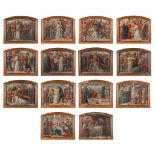 An antique 14-piece stations of the corss, oil on copper. Circa 1900. (W:74 x H:60 cm)