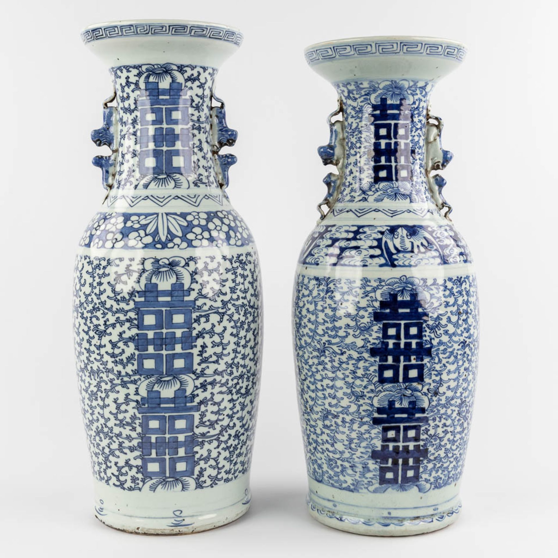 Two Chinese vases with blue-white double xi-sign of happiness. 19th/20th C. (H:60 x D:21 cm) - Image 5 of 12