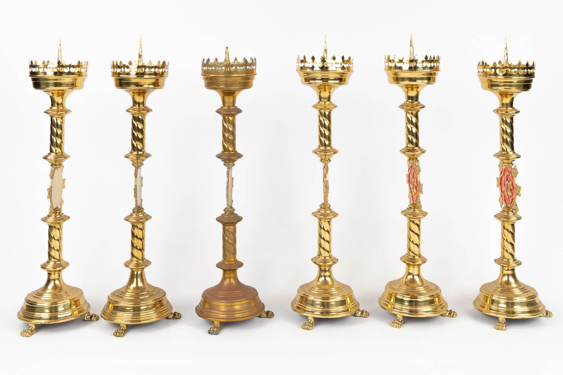 A set of 6 Church candlesticks with red IHS logo. (H:72 x D:20 cm) - Image 6 of 13