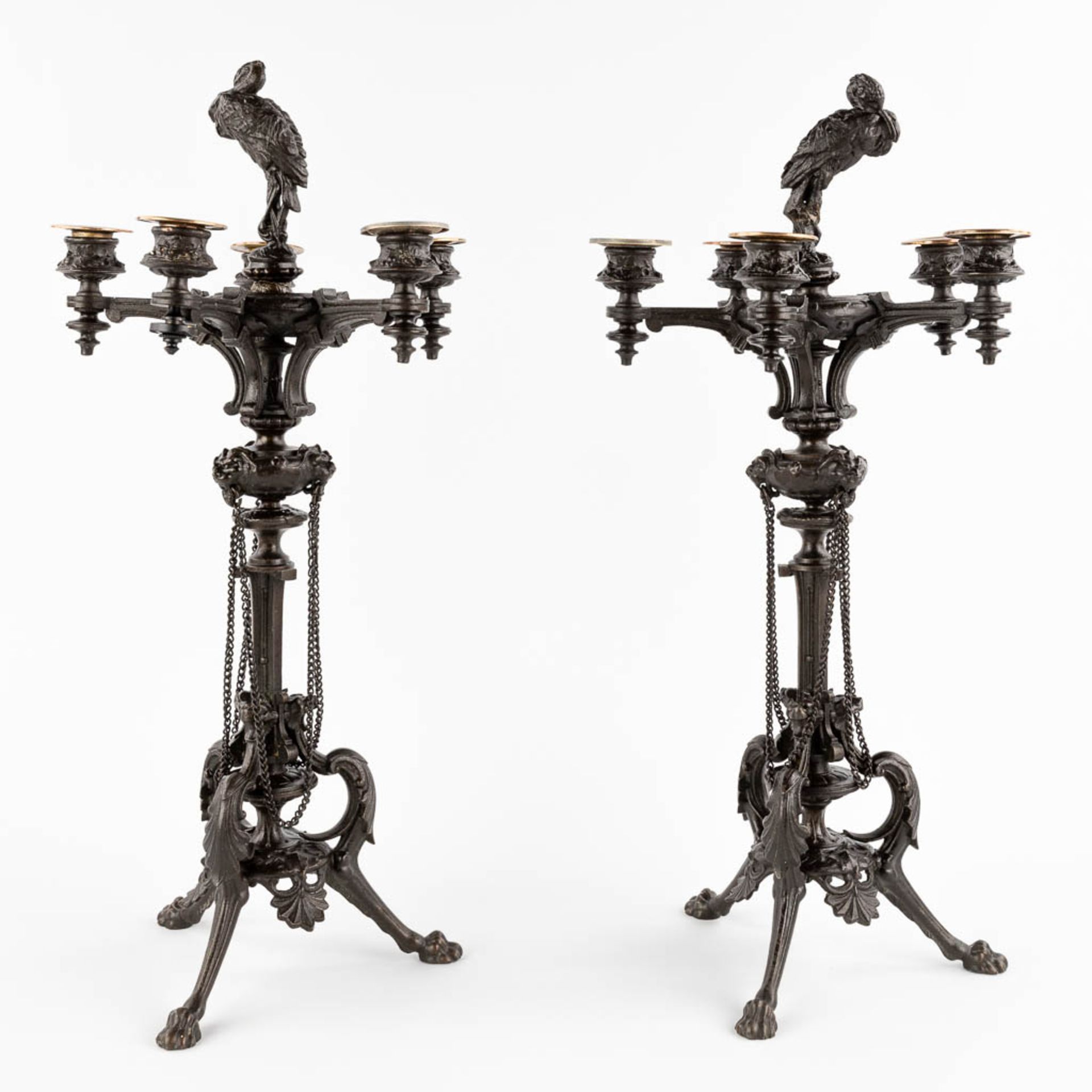 A pair of candelabra, bronze decorated with birds. 19th C. (H:56 x D:26 cm) - Image 4 of 12