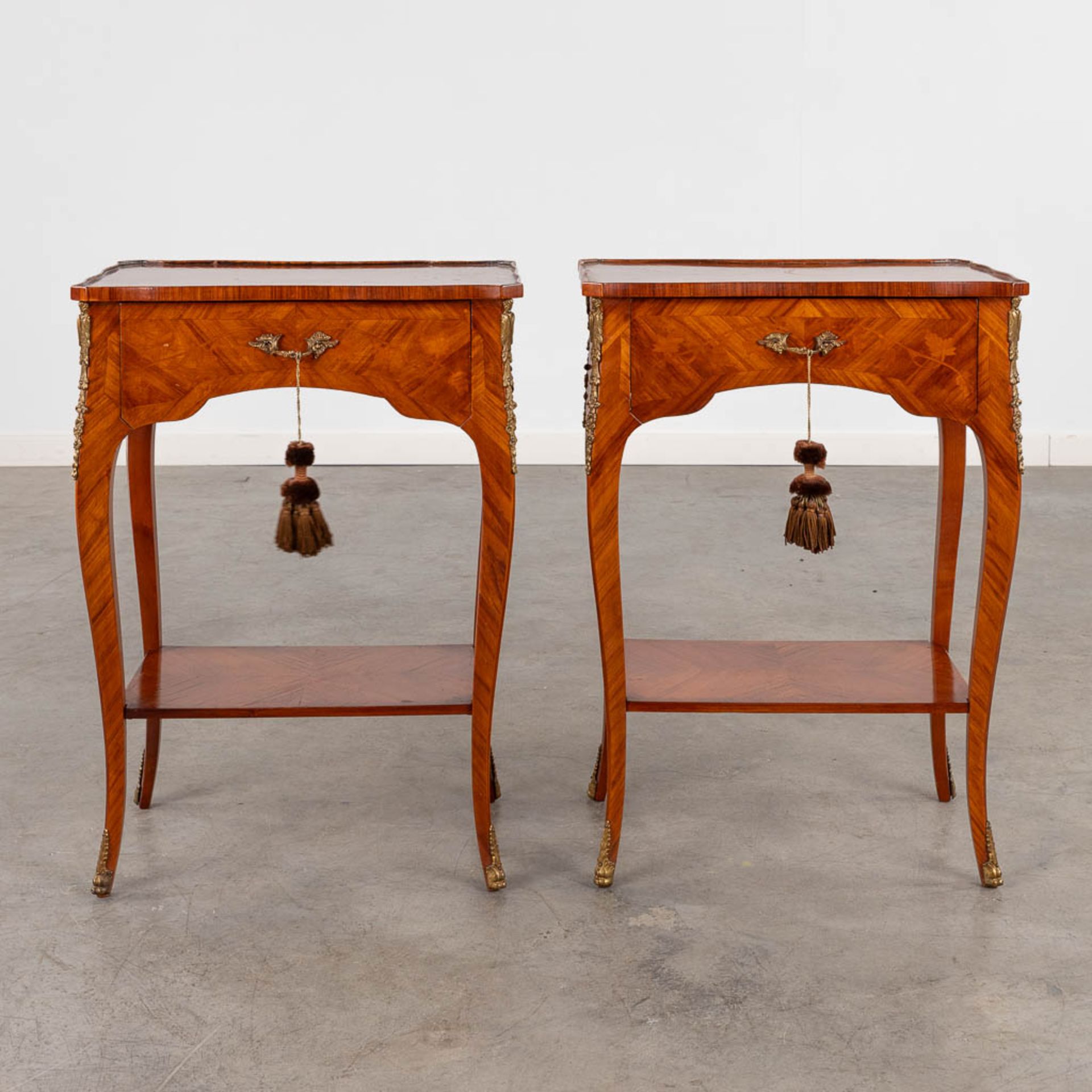 A pair of two-tier side tables with a drawer, wood with marquetry inlay. 20th C. (D:30 x W:45 x H:63 - Image 4 of 14