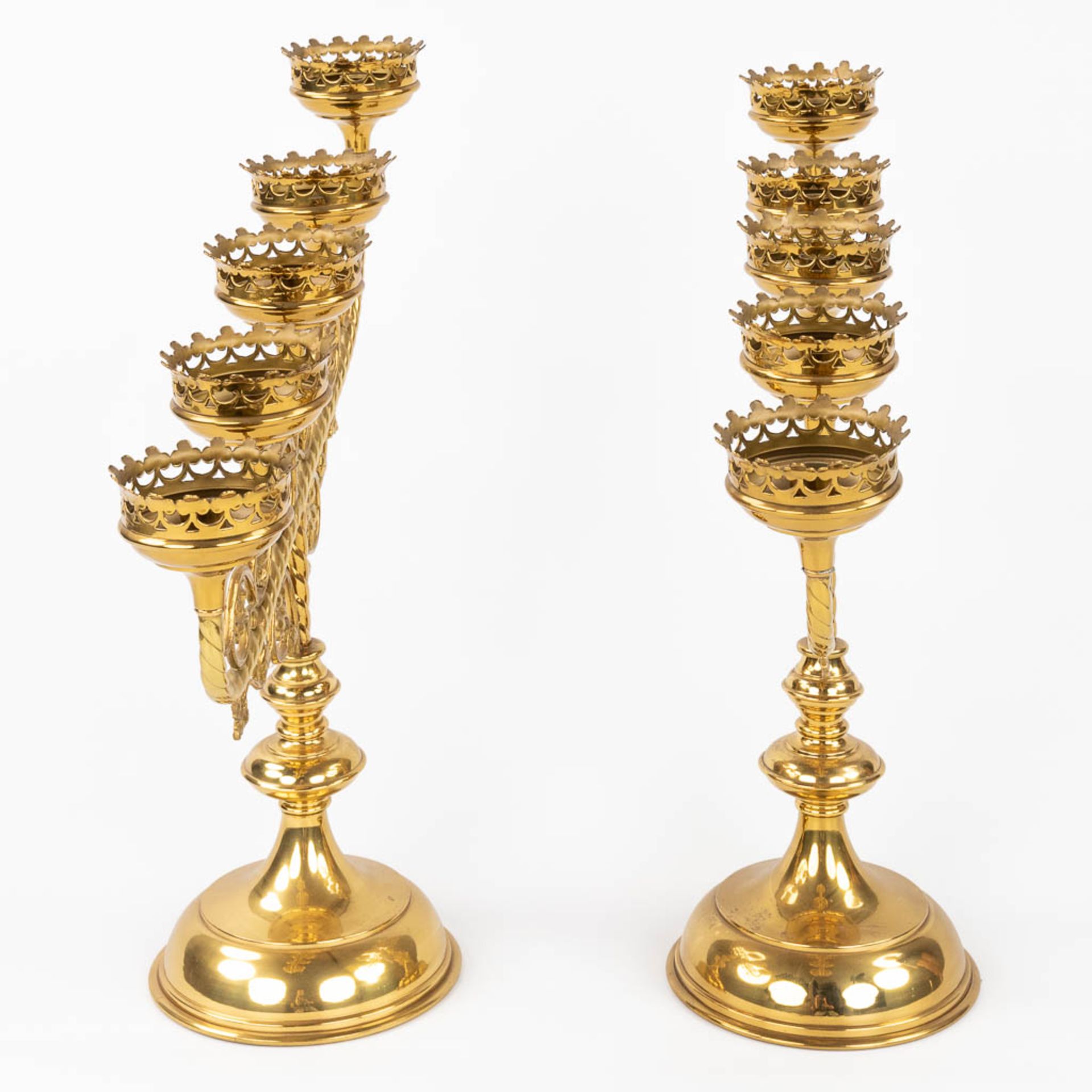 Four Church candlesticks, bronze in a gothic revival style. A pair and two singles. (D:18 x W:51 x H - Image 6 of 18