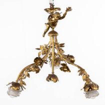A chandelier with a putto, gilt brass decorated with branches and flowers. 20th C. (H:65 x D:56 cm)