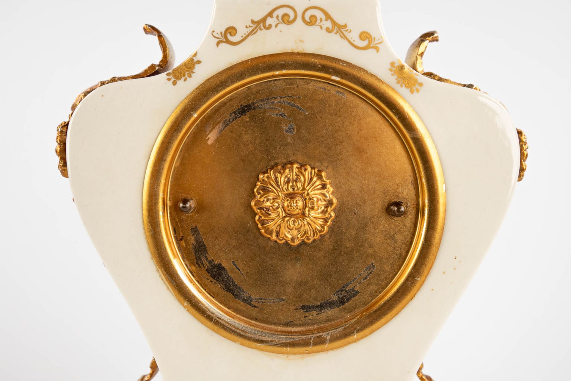 A three-piece mantle garniture clock and side pieces, porcelain mounted with bronze and floral decor - Image 12 of 14