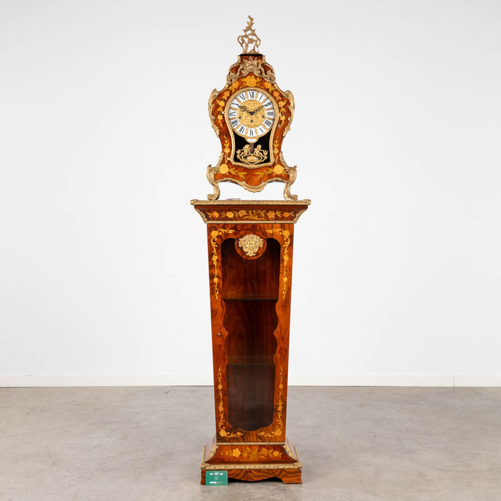 A Cartel clock on a matching pedestal, marquetry inlay and mounted with bronze. 20th C. (D:25 x W:48 - Image 2 of 18