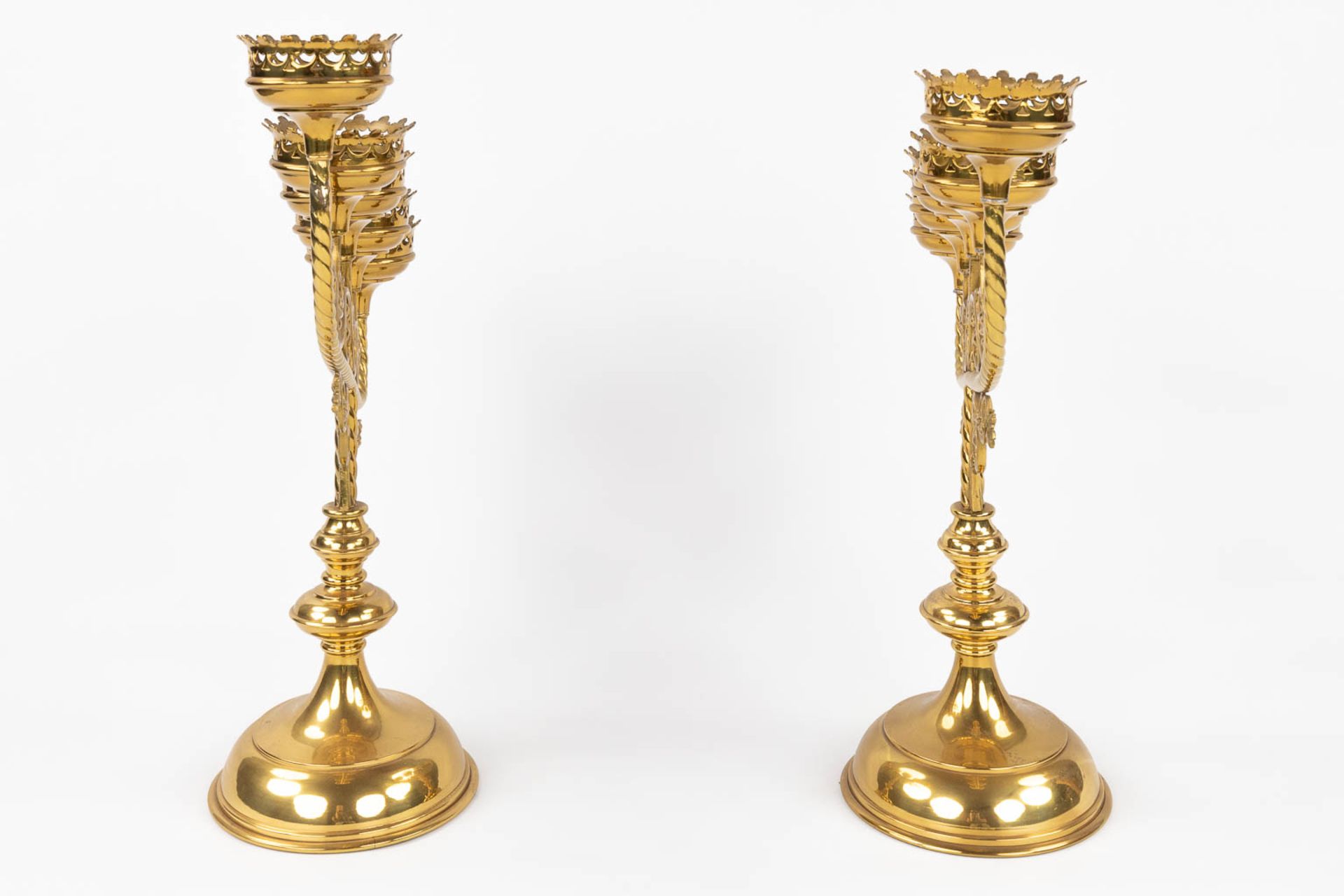 Four Church candlesticks, bronze in a gothic revival style. A pair and two singles. (D:18 x W:51 x H - Image 4 of 18