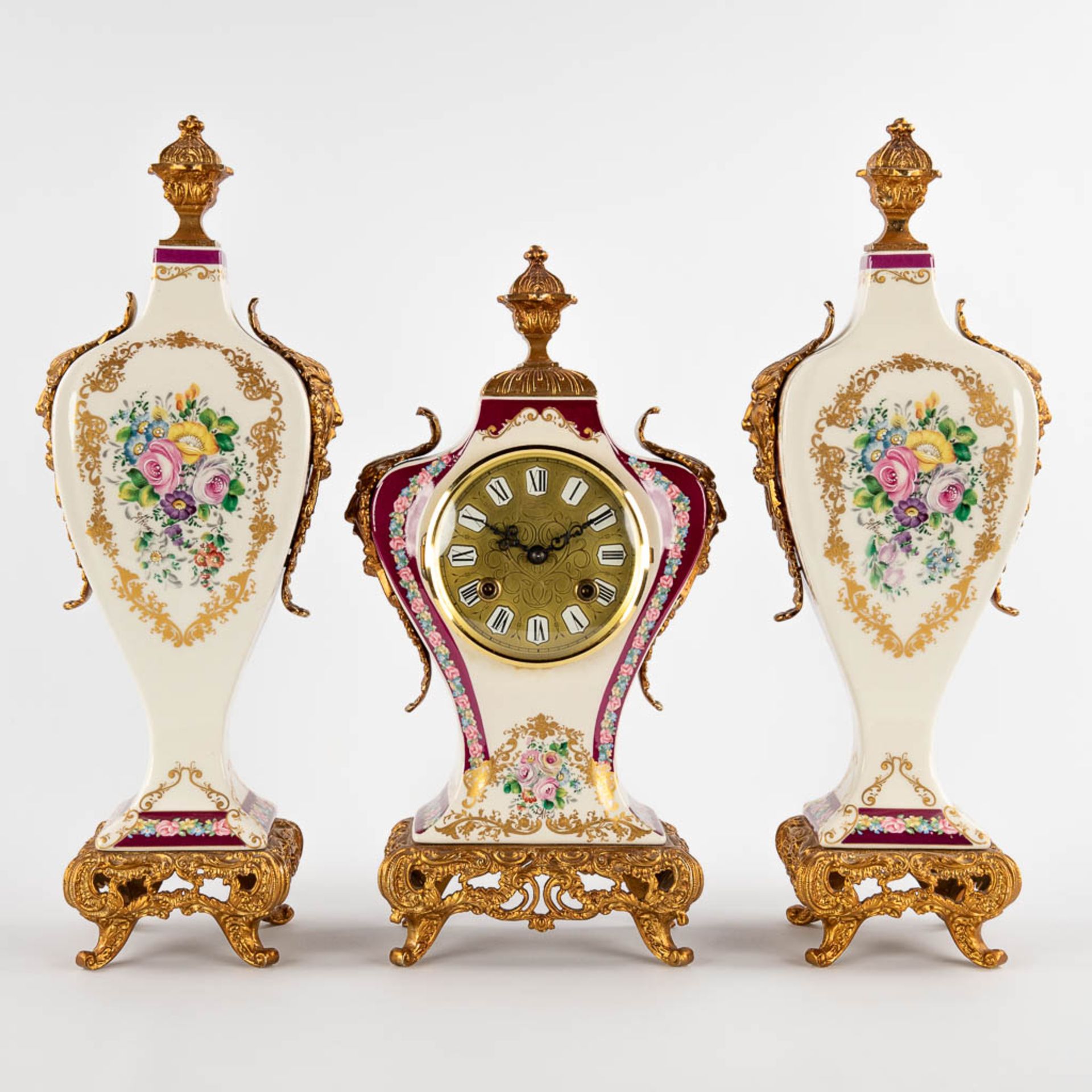 A three-piece mantle garniture clock and side pieces, porcelain mounted with bronze and floral decor - Image 3 of 14